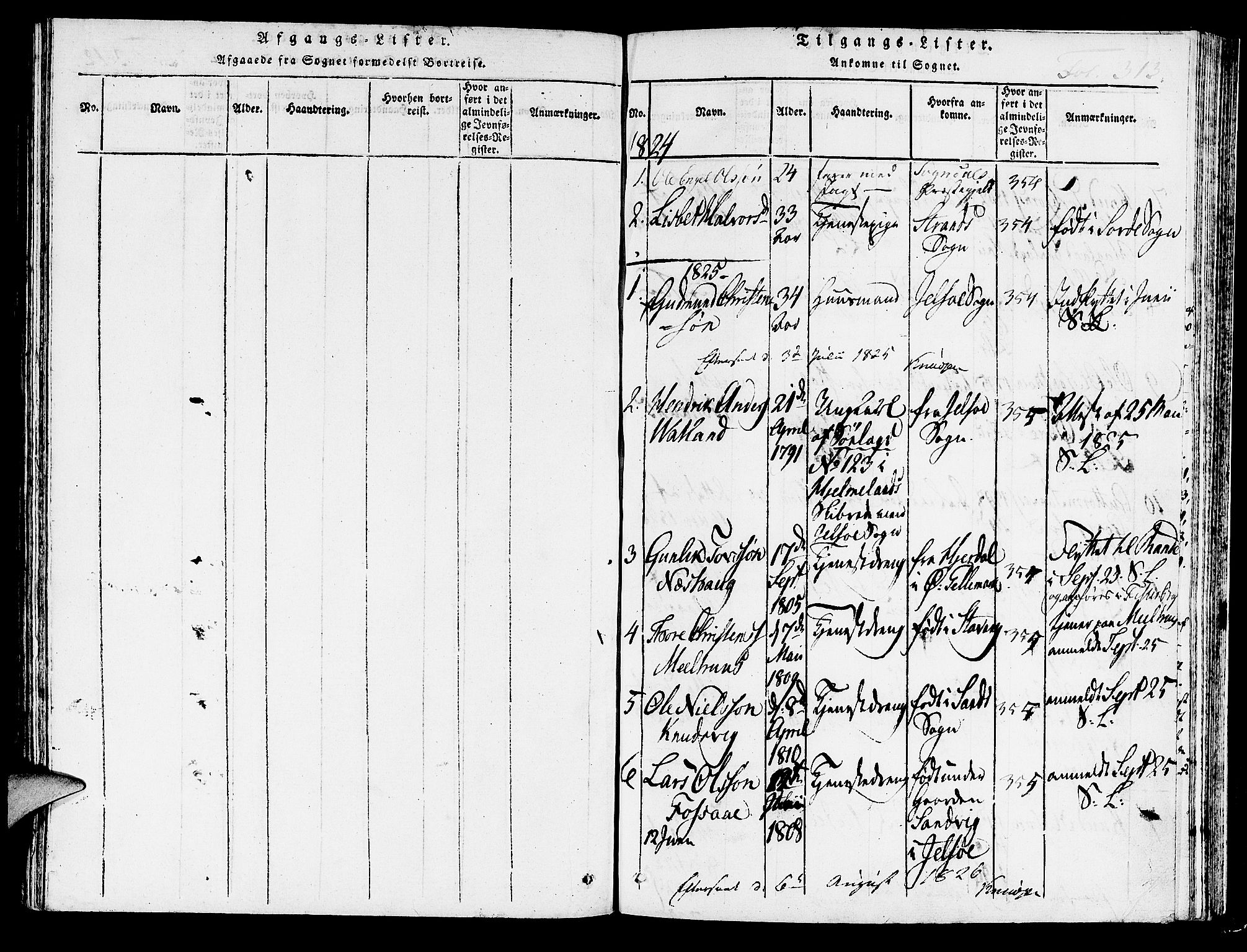 Hjelmeland sokneprestkontor, SAST/A-101843/01/IV/L0003: Parish register (official) no. A 3, 1816-1834, p. 313