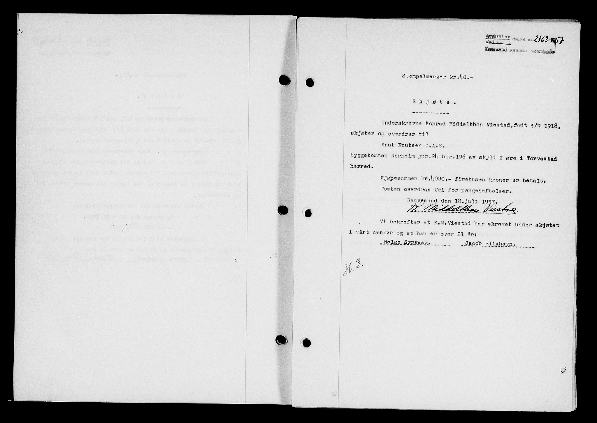 Karmsund sorenskriveri, SAST/A-100311/01/II/IIB/L0125: Mortgage book no. 105A, 1957-1957, Diary no: : 2363/1957
