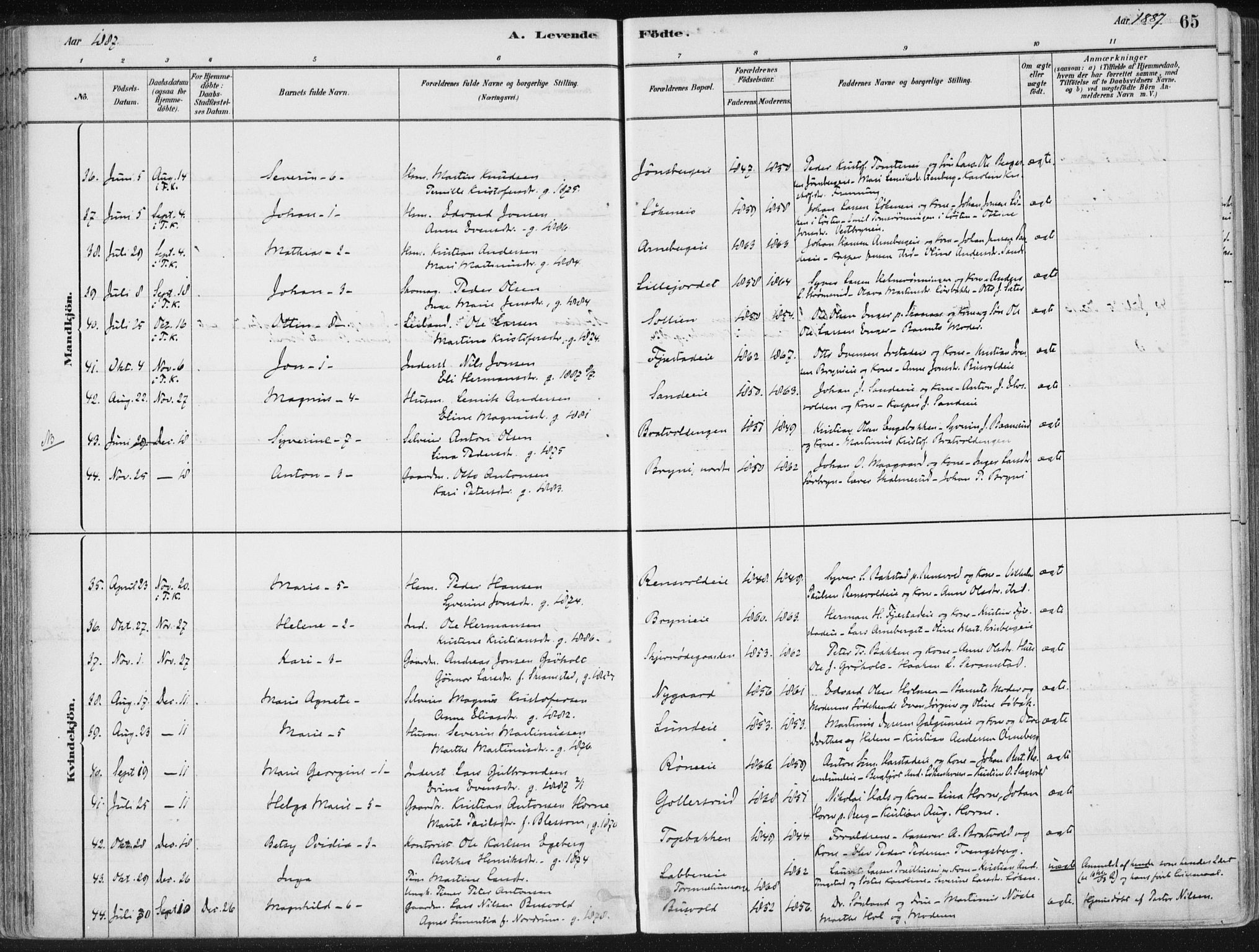 Romedal prestekontor, SAH/PREST-004/K/L0010: Parish register (official) no. 10, 1880-1895, p. 65