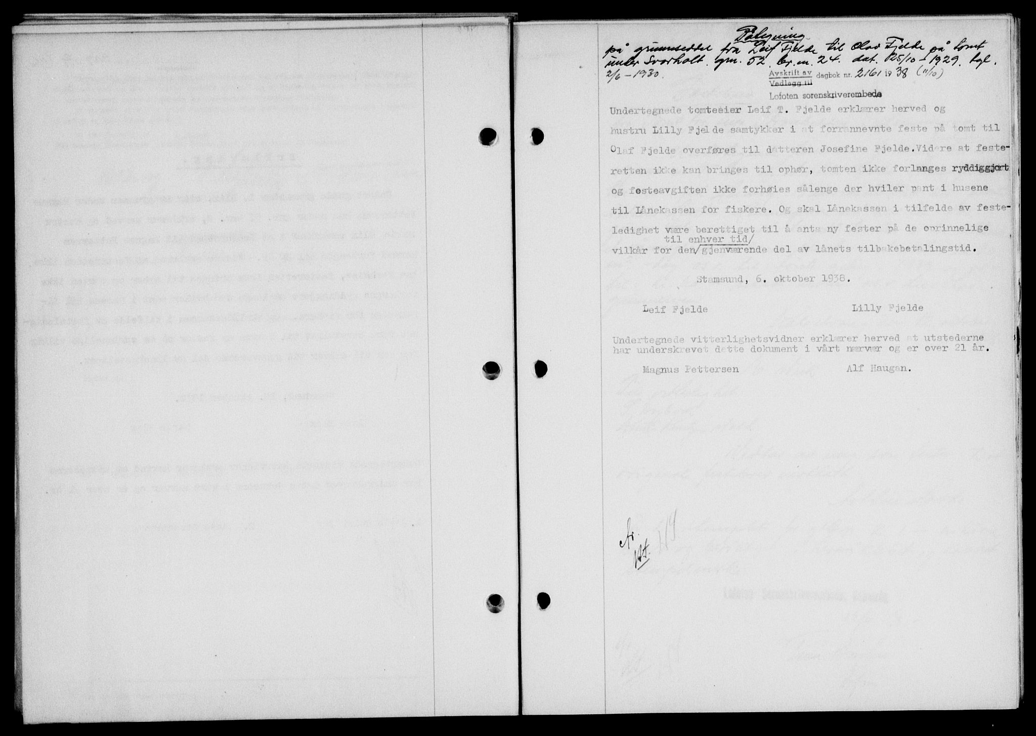 Lofoten sorenskriveri, SAT/A-0017/1/2/2C/L0004a: Mortgage book no. 4a, 1938-1938, Diary no: : 2161/1938