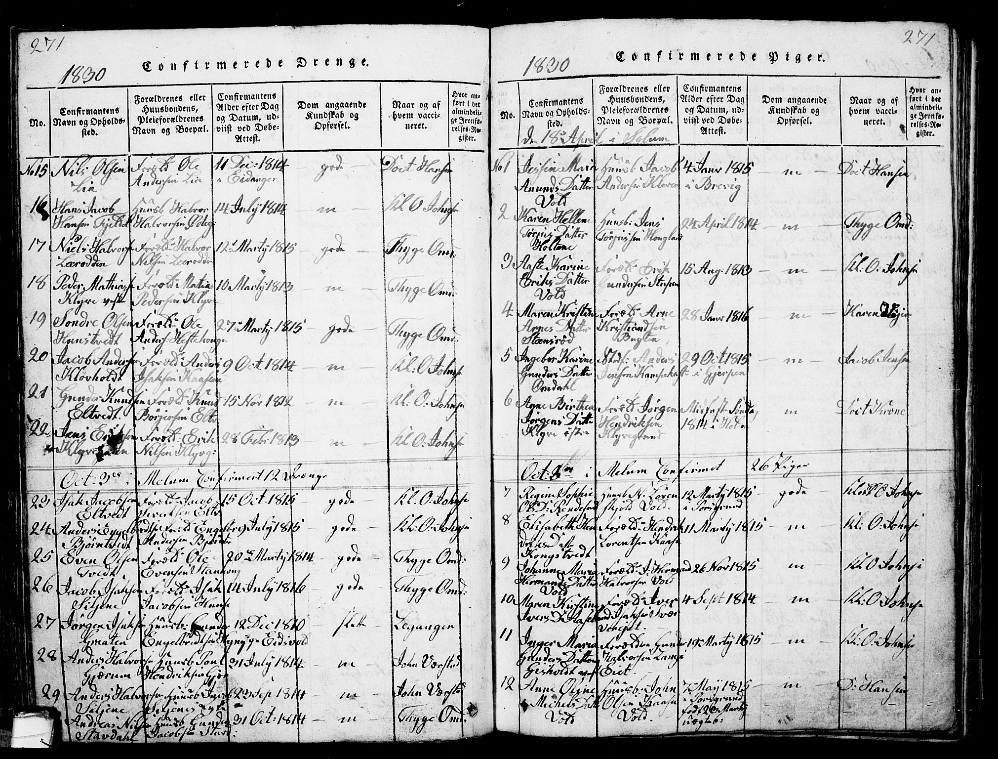 Solum kirkebøker, AV/SAKO-A-306/G/Ga/L0001: Parish register (copy) no. I 1, 1814-1833, p. 271