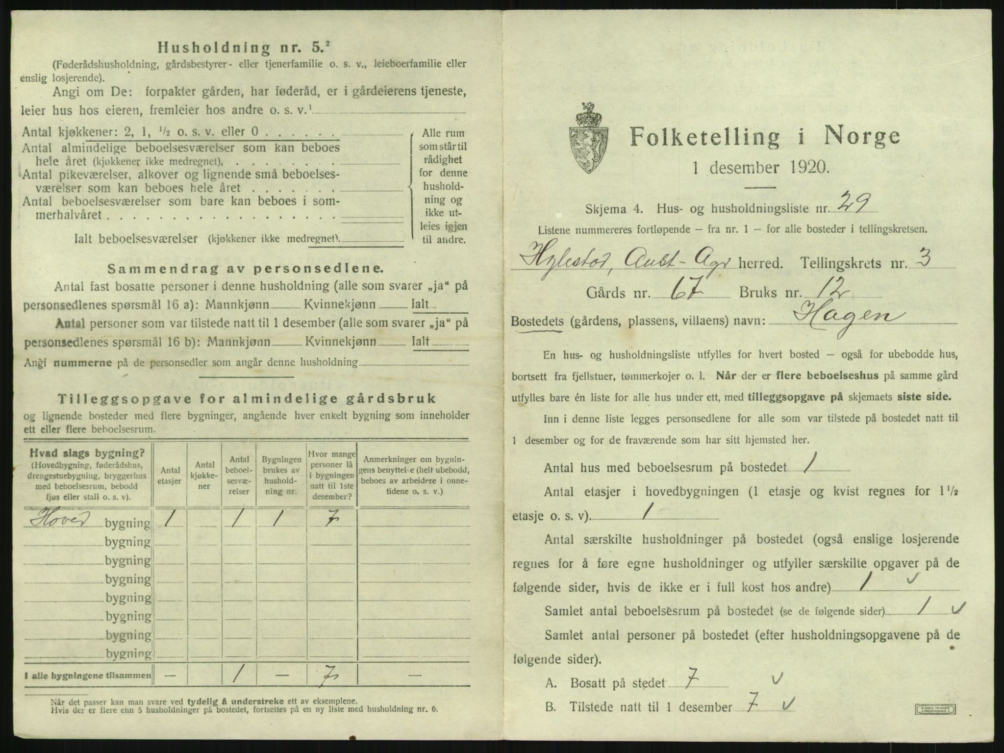 SAK, 1920 census for Hylestad, 1920, p. 182