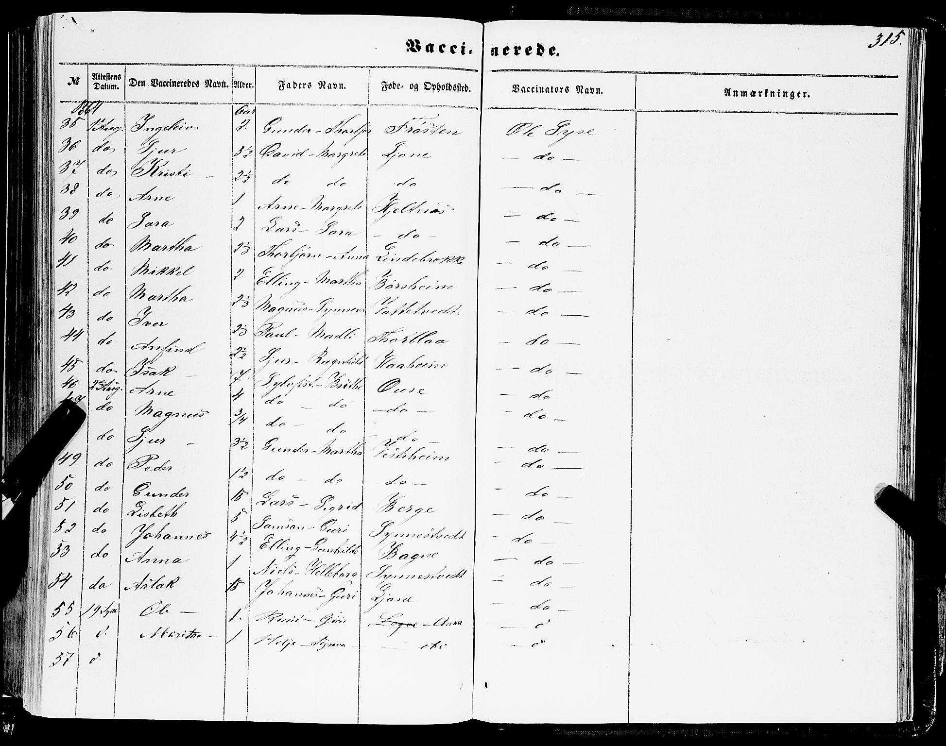 Ulvik sokneprestembete, AV/SAB-A-78801/H/Haa: Parish register (official) no. A 13, 1853-1863, p. 315