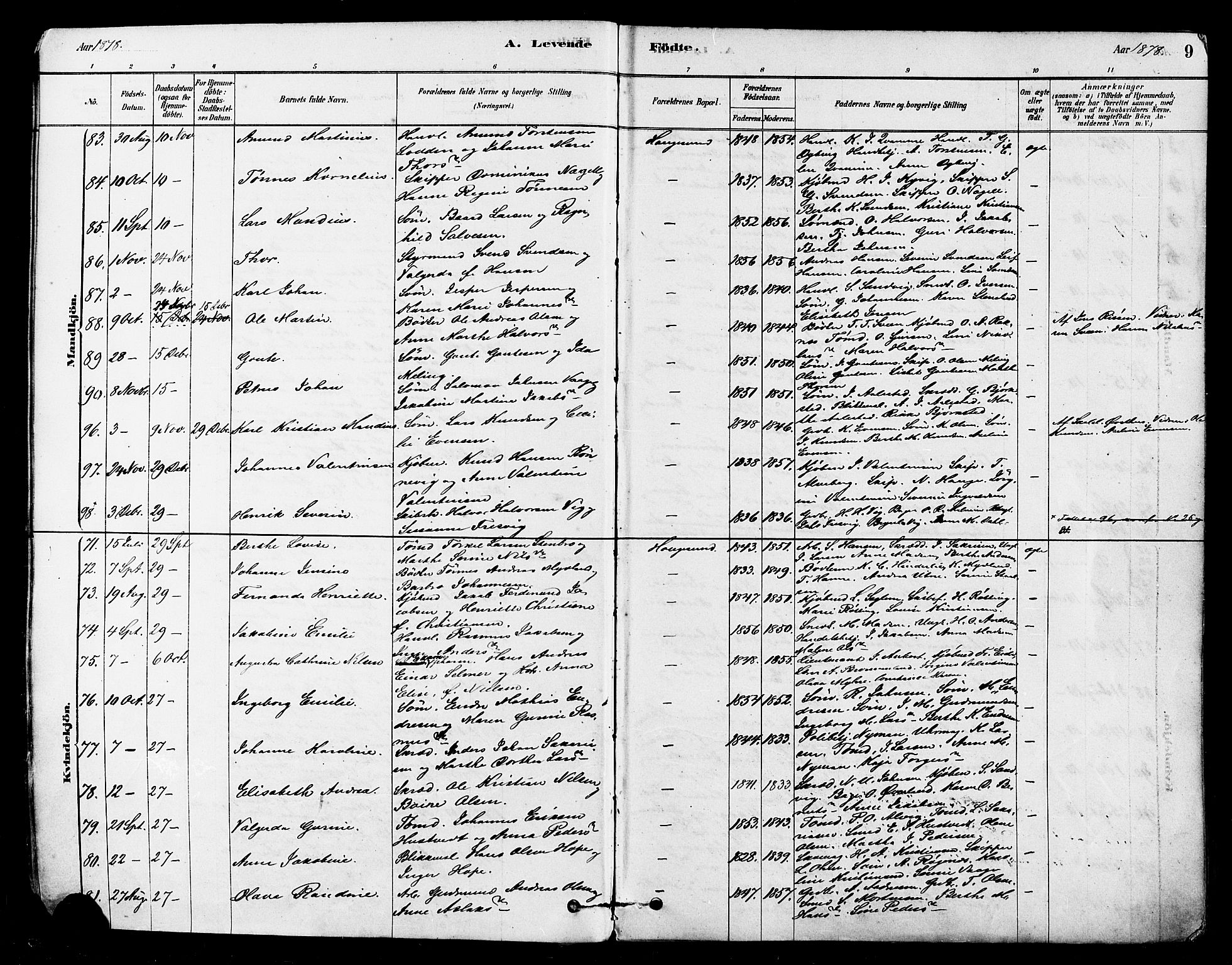 Haugesund sokneprestkontor, AV/SAST-A -101863/H/Ha/Haa/L0001: Parish register (official) no. A 1, 1878-1885, p. 9
