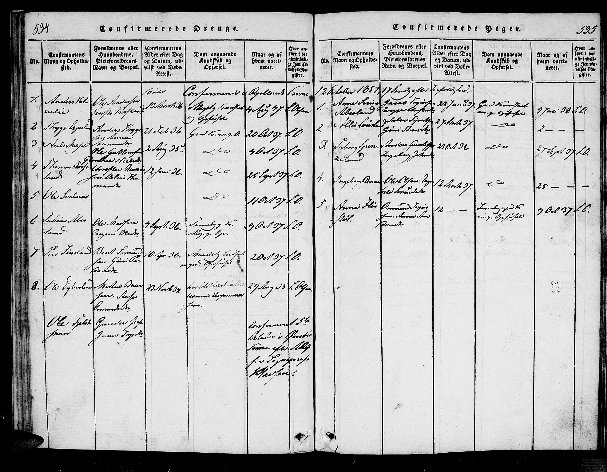 Bjelland sokneprestkontor, SAK/1111-0005/F/Fa/Fab/L0002: Parish register (official) no. A 2, 1816-1869, p. 534-535