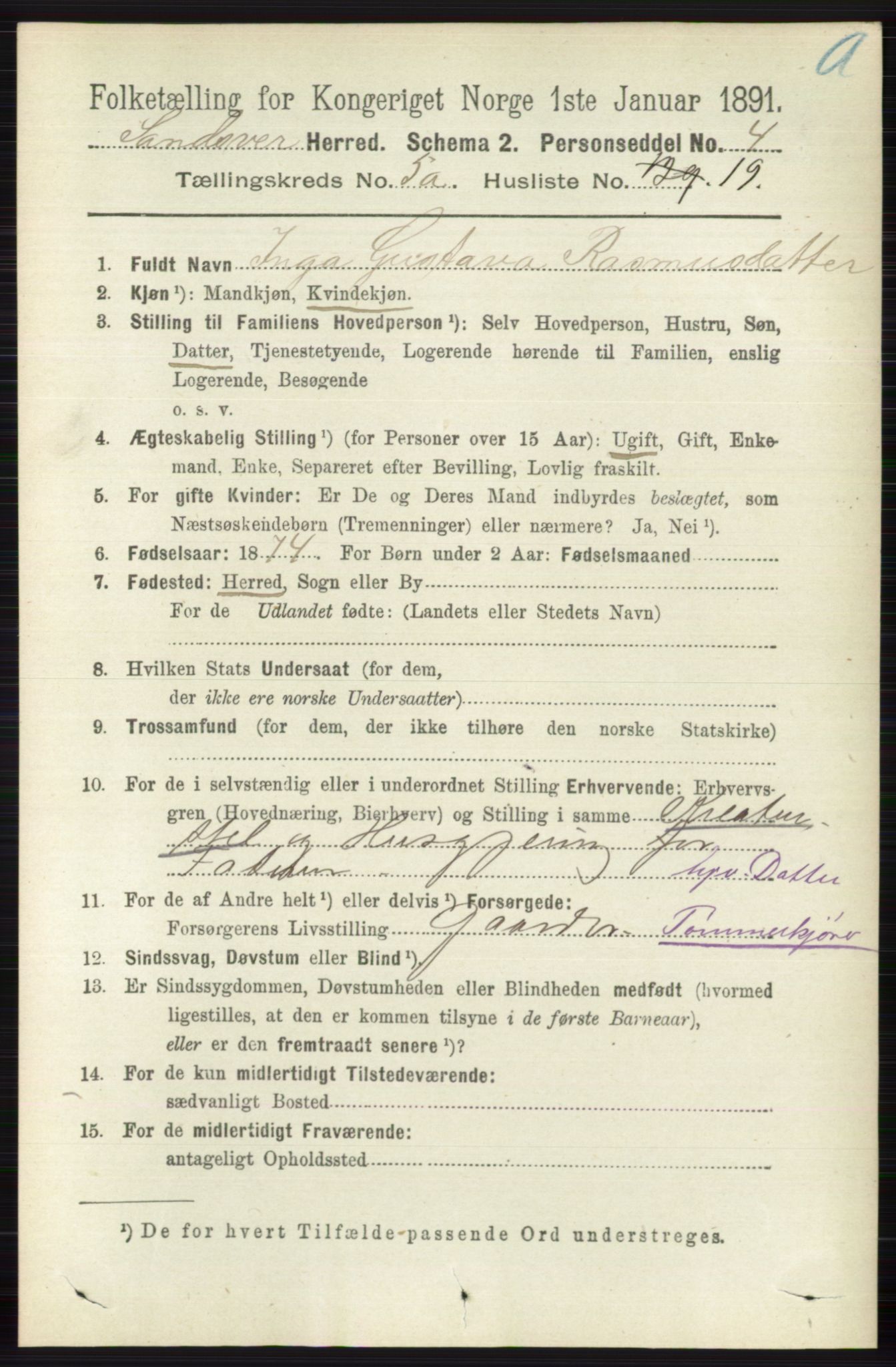 RA, 1891 census for 0629 Sandsvær, 1891, p. 2595