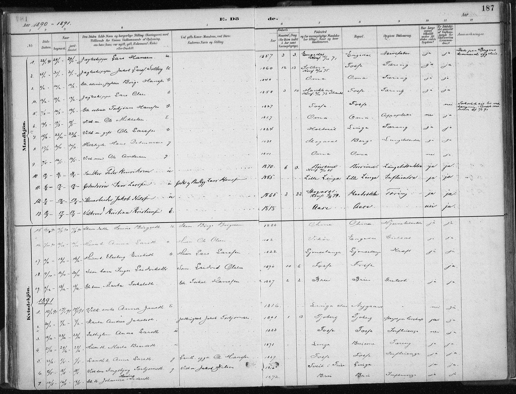 Strandebarm sokneprestembete, AV/SAB-A-78401/H/Haa: Parish register (official) no. B  1, 1886-1908, p. 187