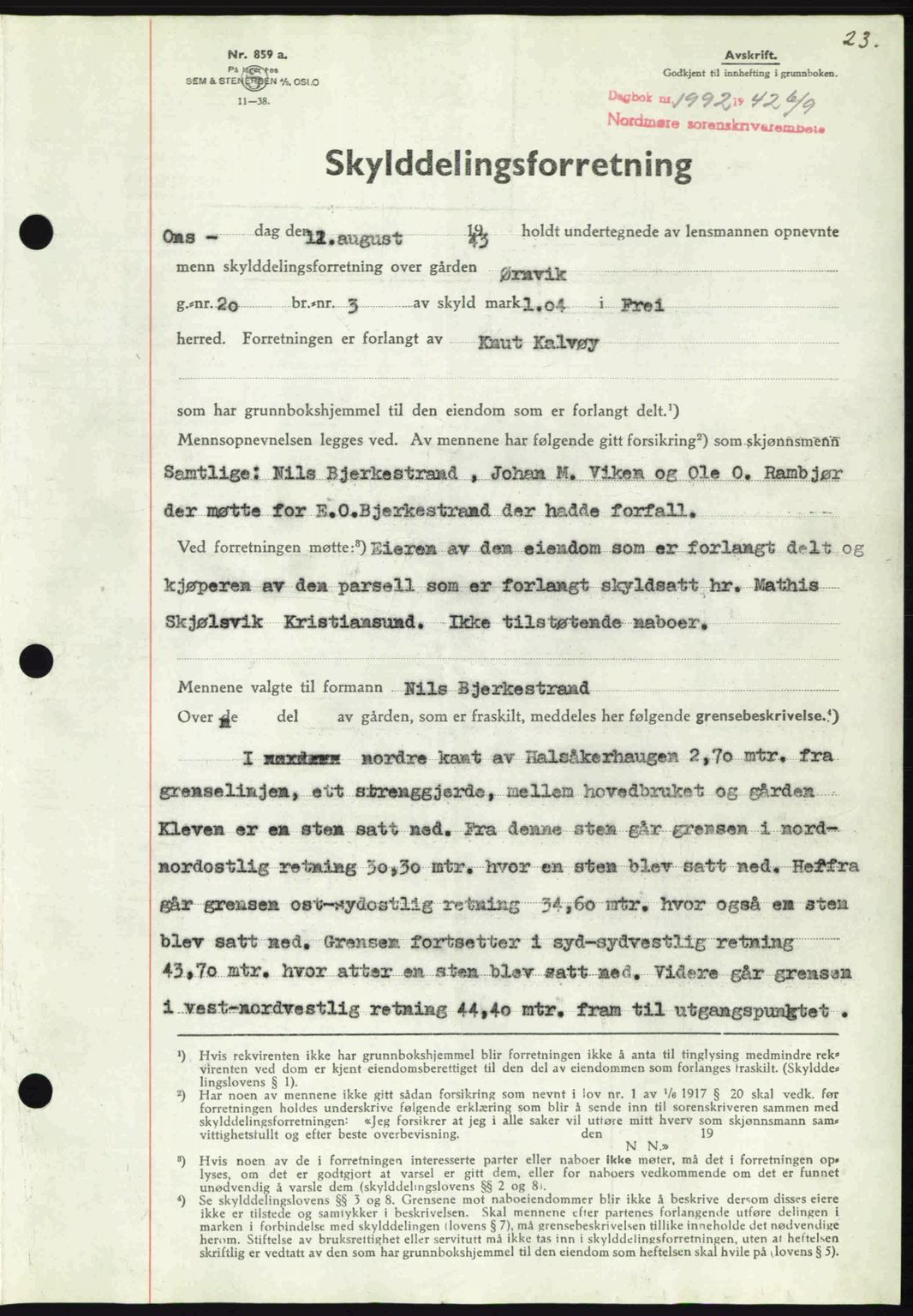 Nordmøre sorenskriveri, SAT/A-4132/1/2/2Ca: Mortgage book no. A96, 1943-1944, Diary no: : 1992/1943