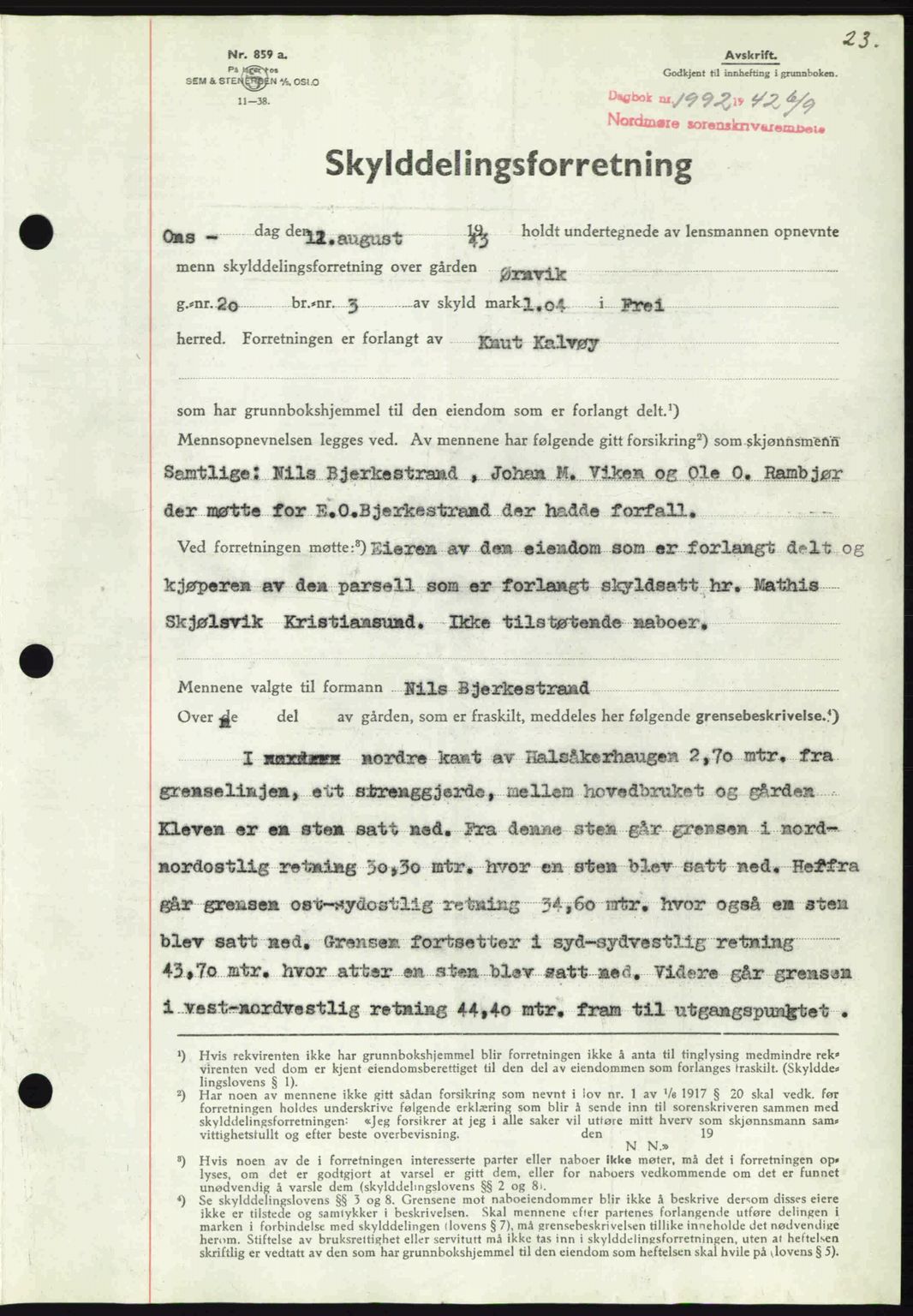 Nordmøre sorenskriveri, AV/SAT-A-4132/1/2/2Ca: Mortgage book no. A96, 1943-1944, Diary no: : 1992/1943