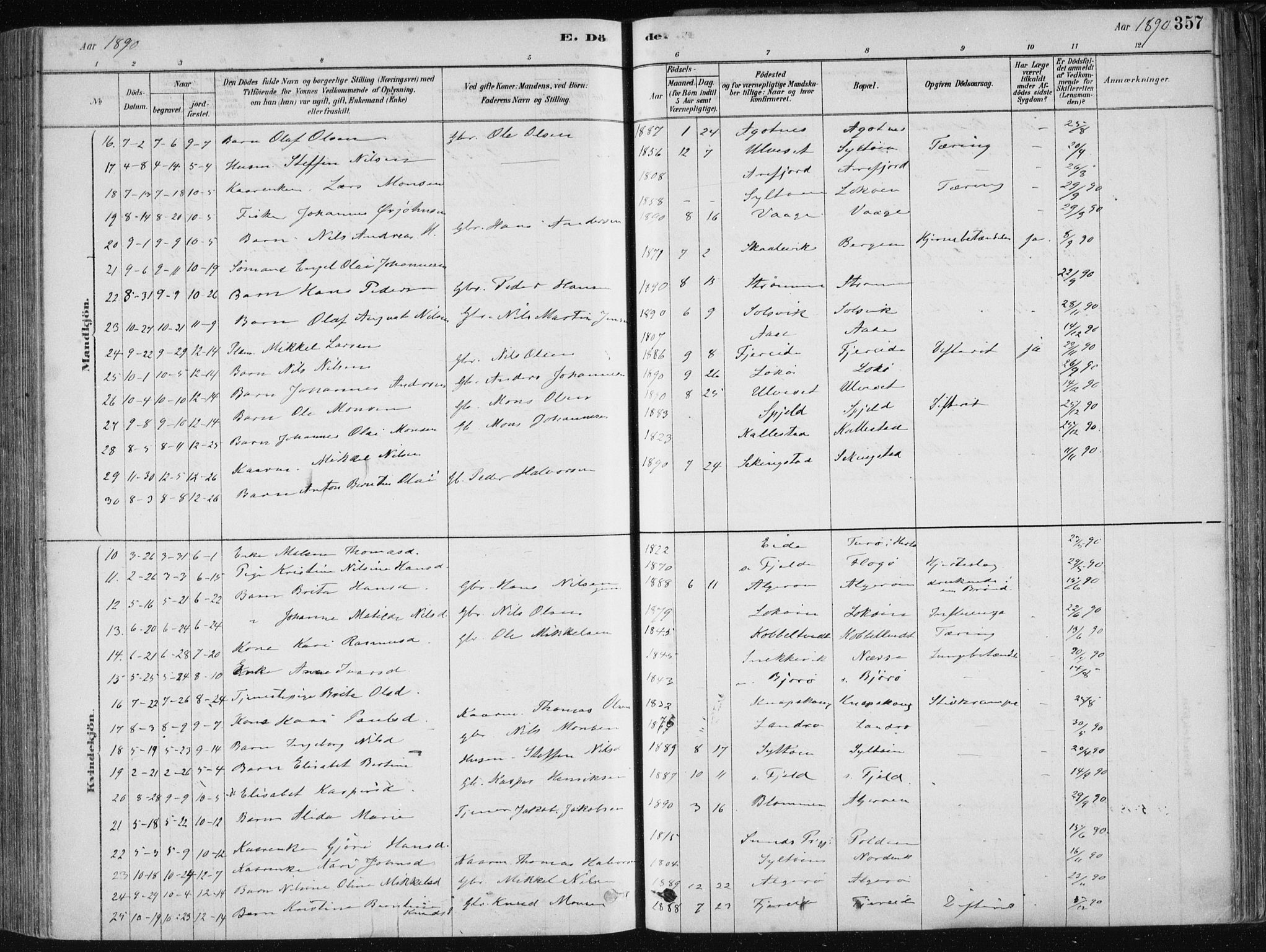 Fjell sokneprestembete, SAB/A-75301/H/Haa: Parish register (official) no. A  8, 1878-1898, p. 357