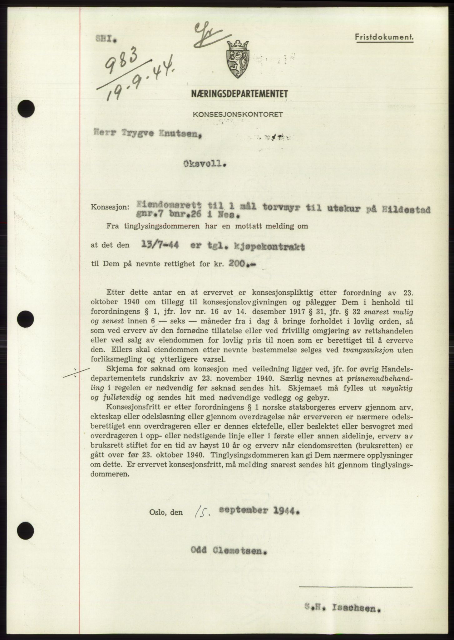 Fosen sorenskriveri, AV/SAT-A-1107/1/2/2C: Mortgage book no. B1, 1943-1946, Diary no: : 983/1944