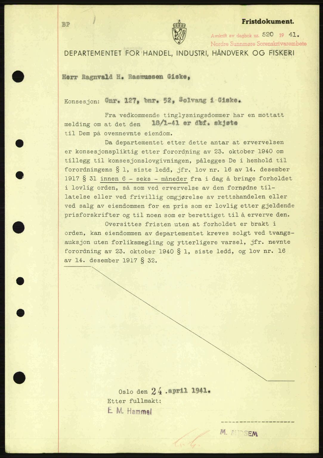 Nordre Sunnmøre sorenskriveri, AV/SAT-A-0006/1/2/2C/2Ca: Mortgage book no. B1-6, 1938-1942, Diary no: : 520/1941