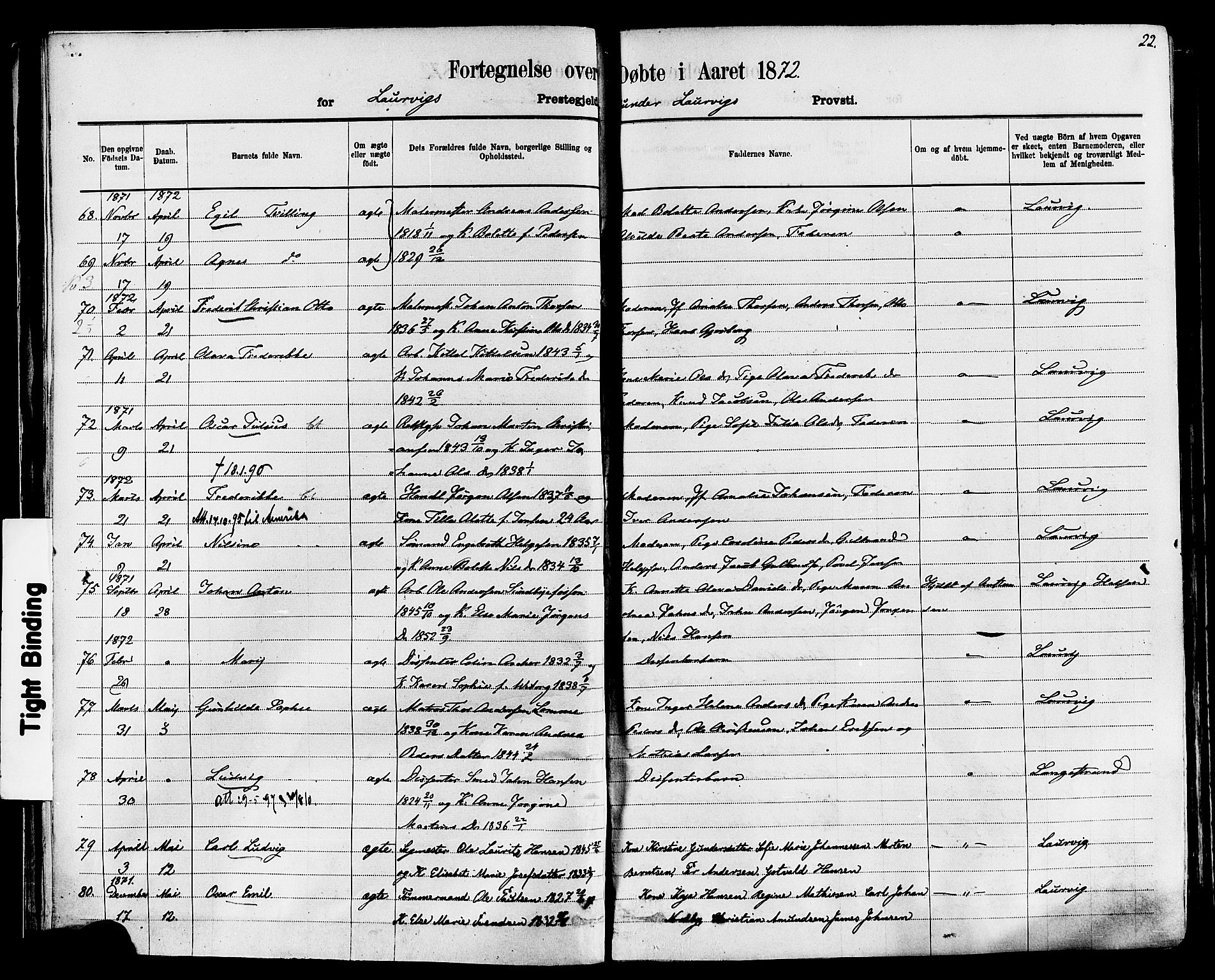 Larvik kirkebøker, AV/SAKO-A-352/F/Fa/L0006: Parish register (official) no. I 6, 1871-1883, p. 22