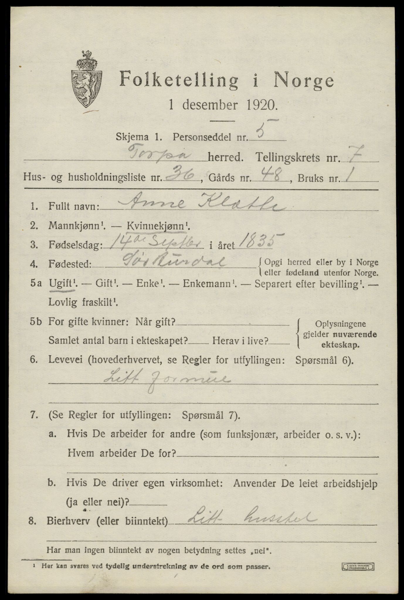 SAH, 1920 census for Torpa, 1920, p. 4615