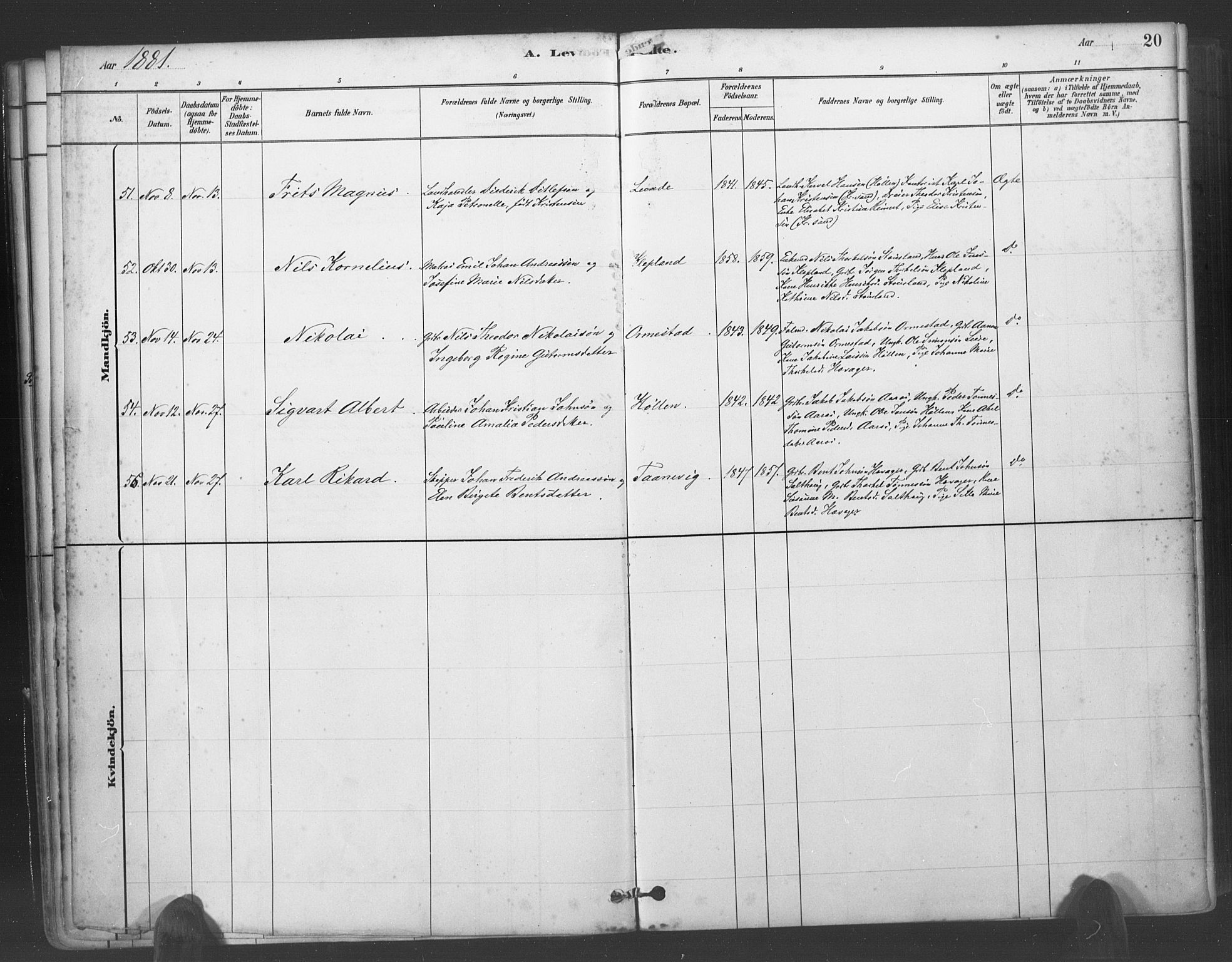 Søgne sokneprestkontor, SAK/1111-0037/F/Fa/Fab/L0012: Parish register (official) no. A 12, 1880-1891, p. 20
