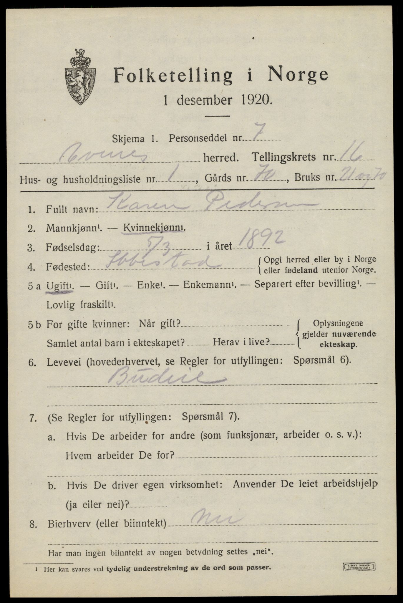 SAT, 1920 census for Evenes, 1920, p. 13194