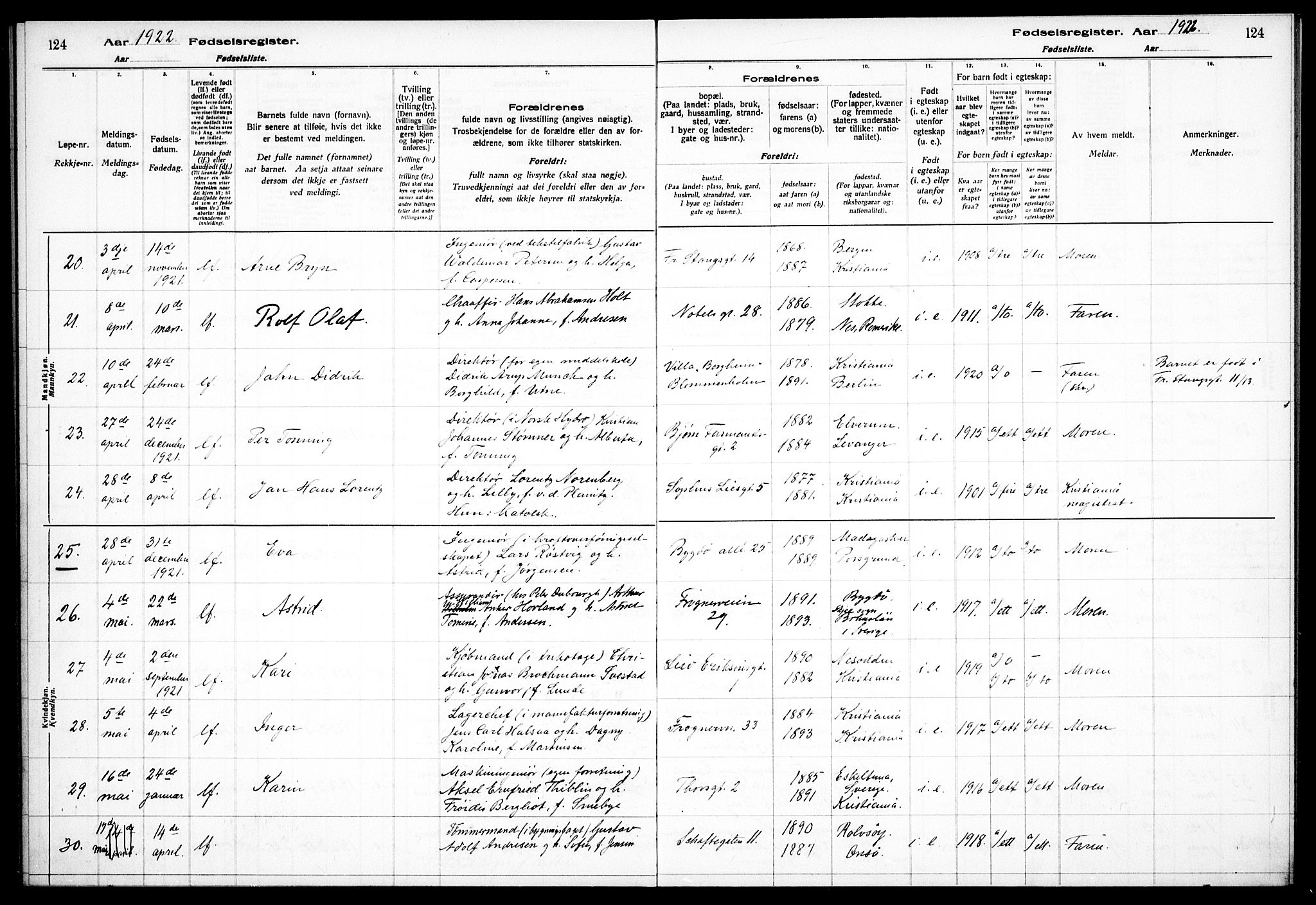 Frogner prestekontor Kirkebøker, AV/SAO-A-10886/J/Ja/L0001: Birth register no. 1, 1916-1927, p. 124