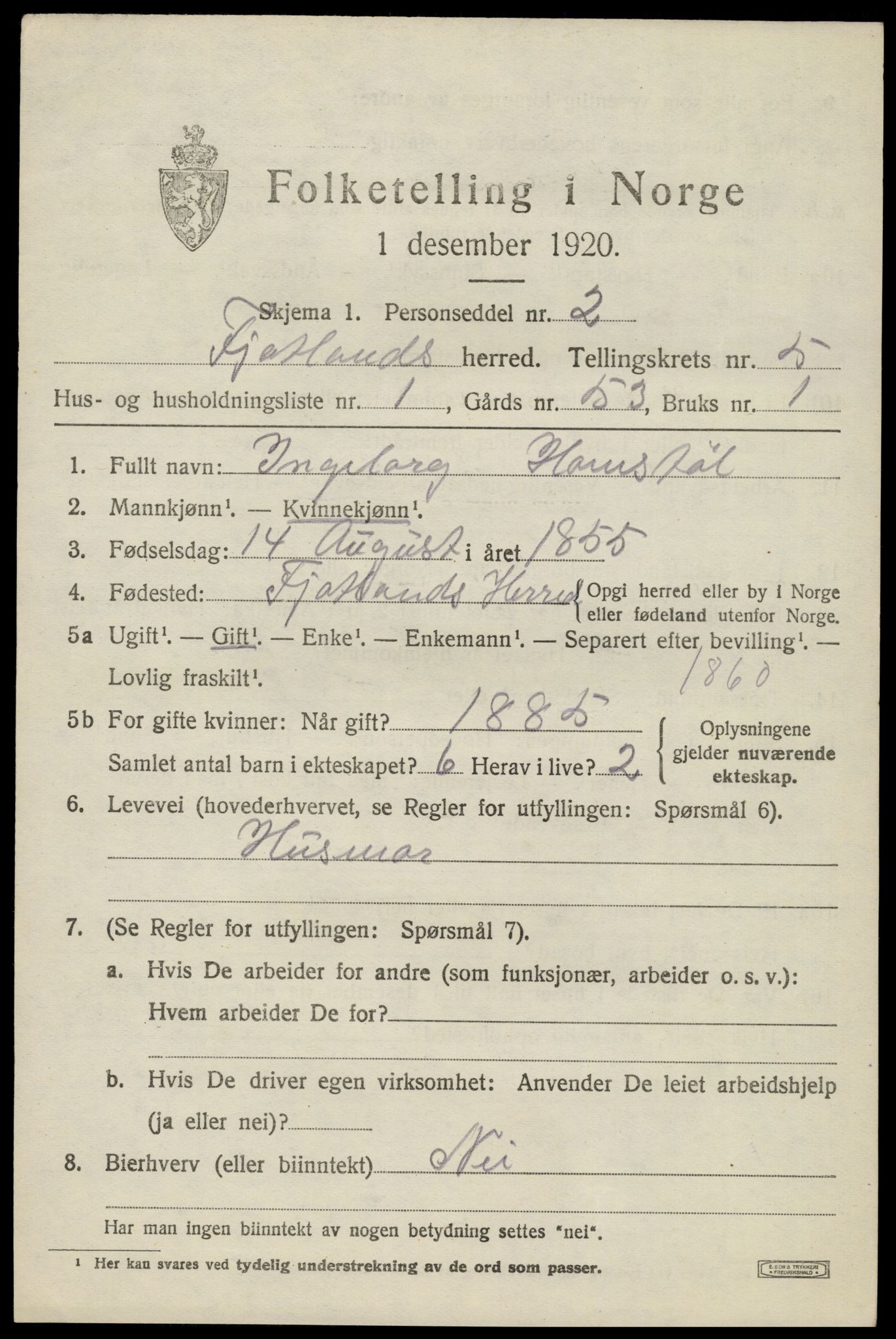 SAK, 1920 census for Fjotland, 1920, p. 1530