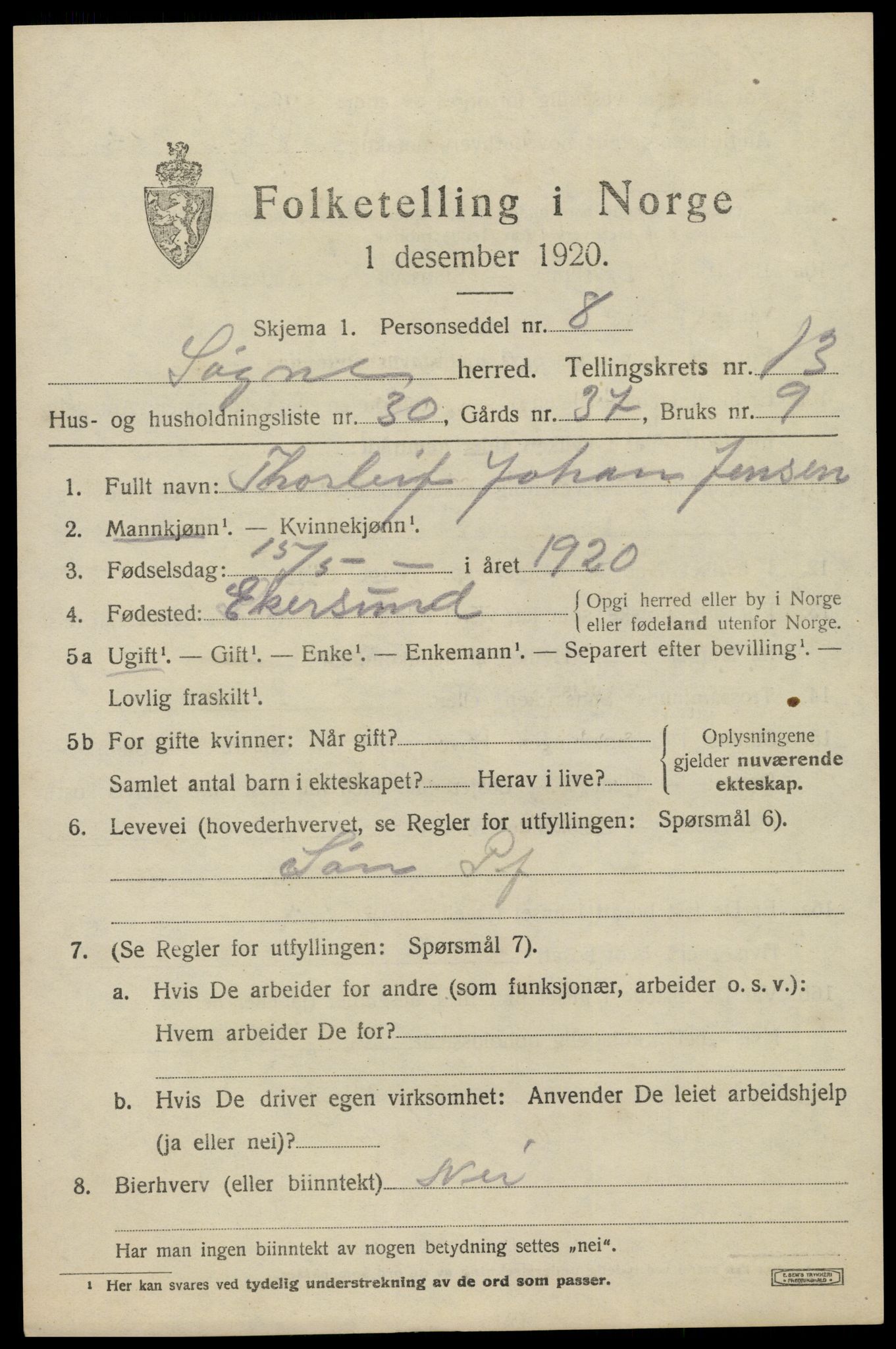 SAK, 1920 census for Søgne, 1920, p. 6745