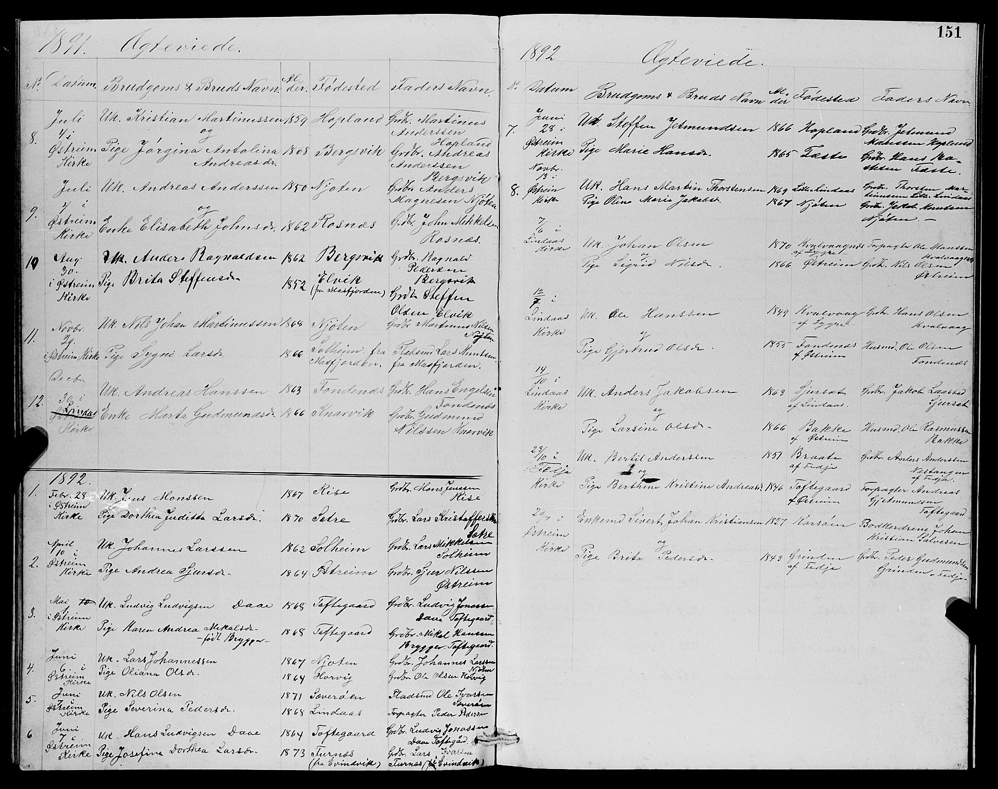 Lindås Sokneprestembete, AV/SAB-A-76701/H/Hab/Habc/L0003: Parish register (copy) no. C 3, 1886-1893, p. 151