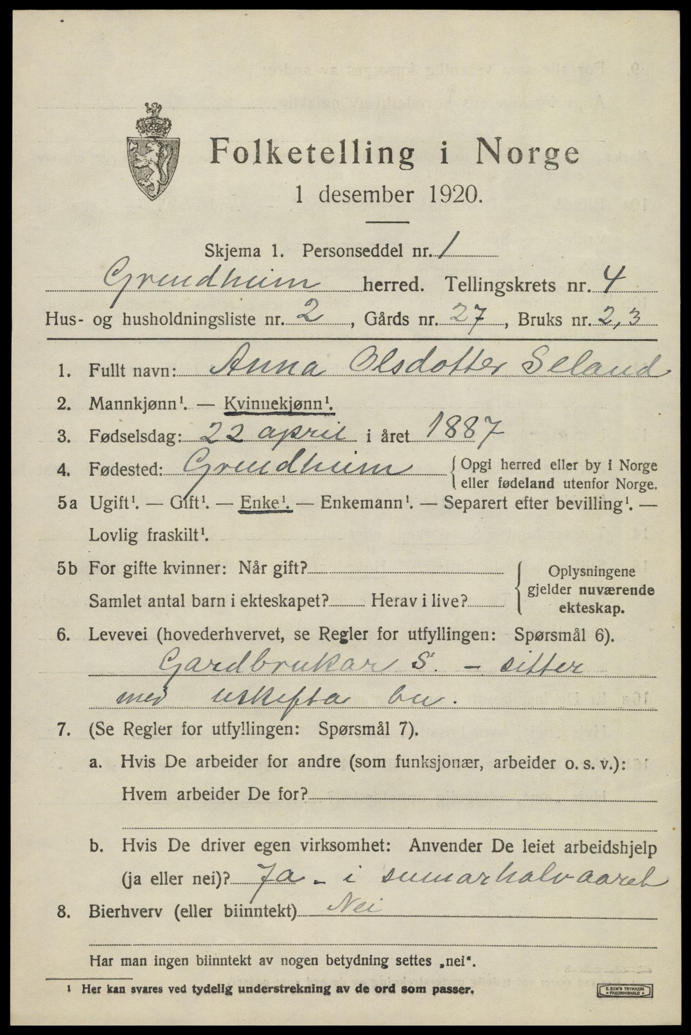SAK, 1920 census for Grindheim, 1920, p. 1421