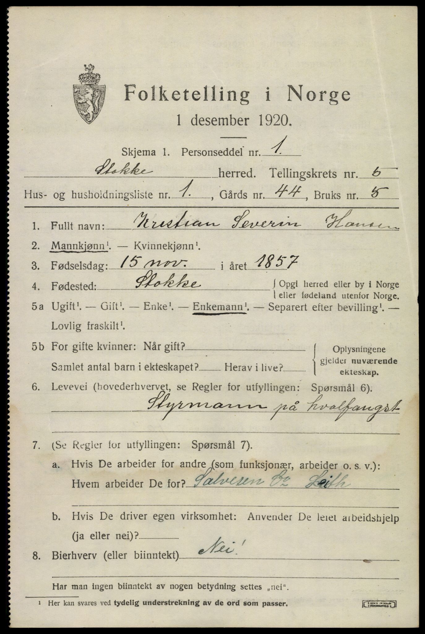 SAKO, 1920 census for Stokke, 1920, p. 6724