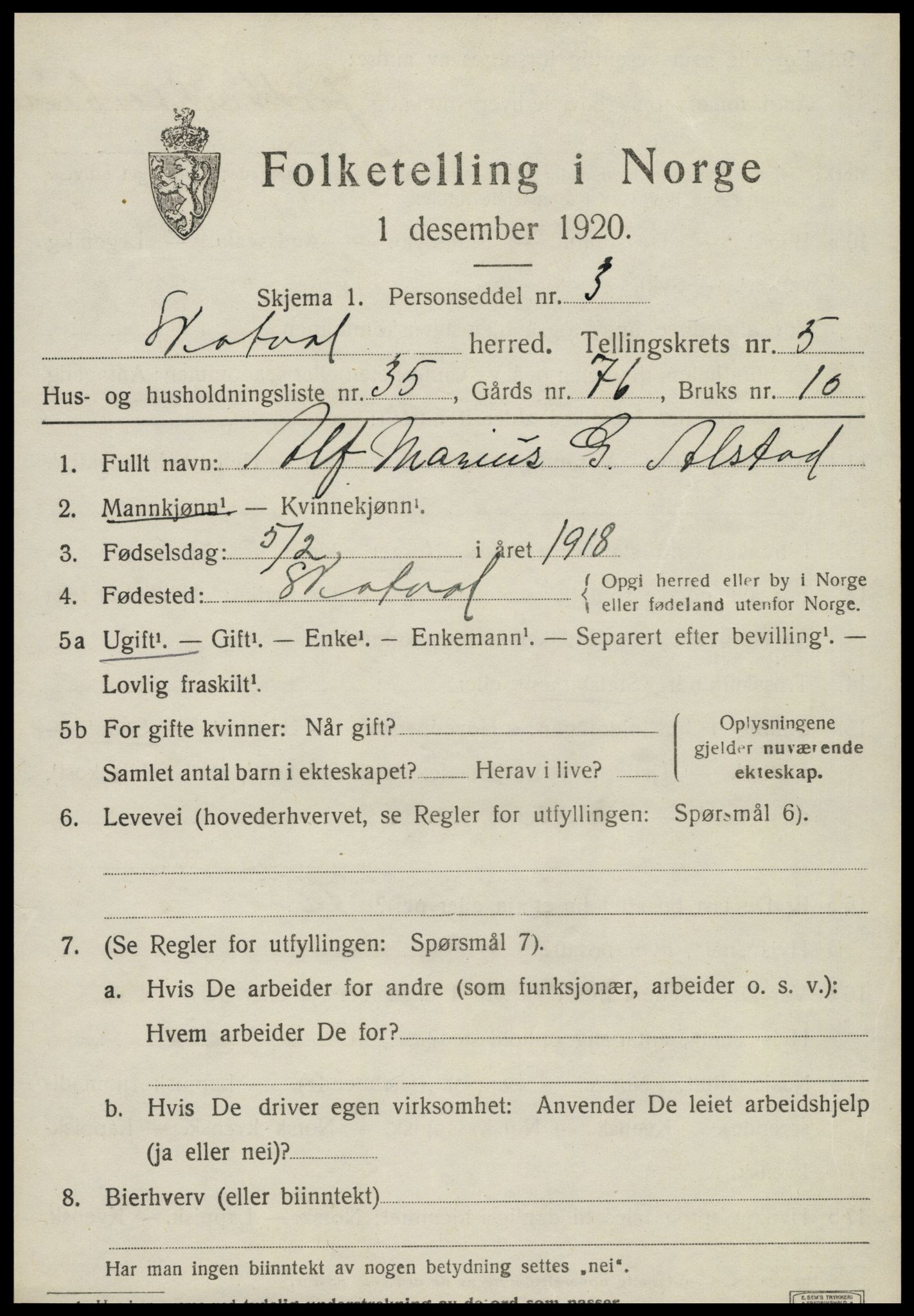 SAT, 1920 census for Skatval, 1920, p. 3887