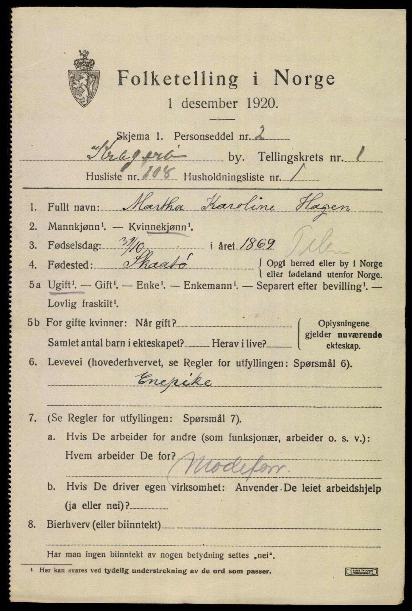 SAKO, 1920 census for Kragerø, 1920, p. 5351