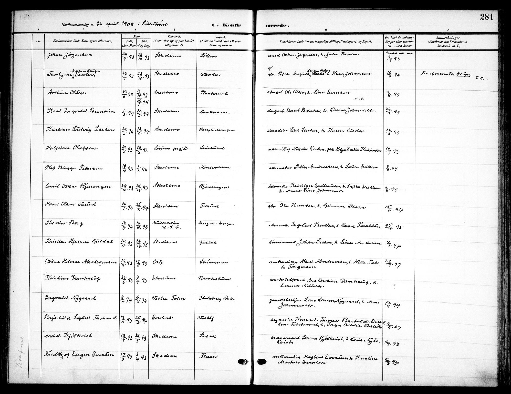 Skedsmo prestekontor Kirkebøker, AV/SAO-A-10033a/F/Fa/L0015: Parish register (official) no. I 15, 1902-1917, p. 281