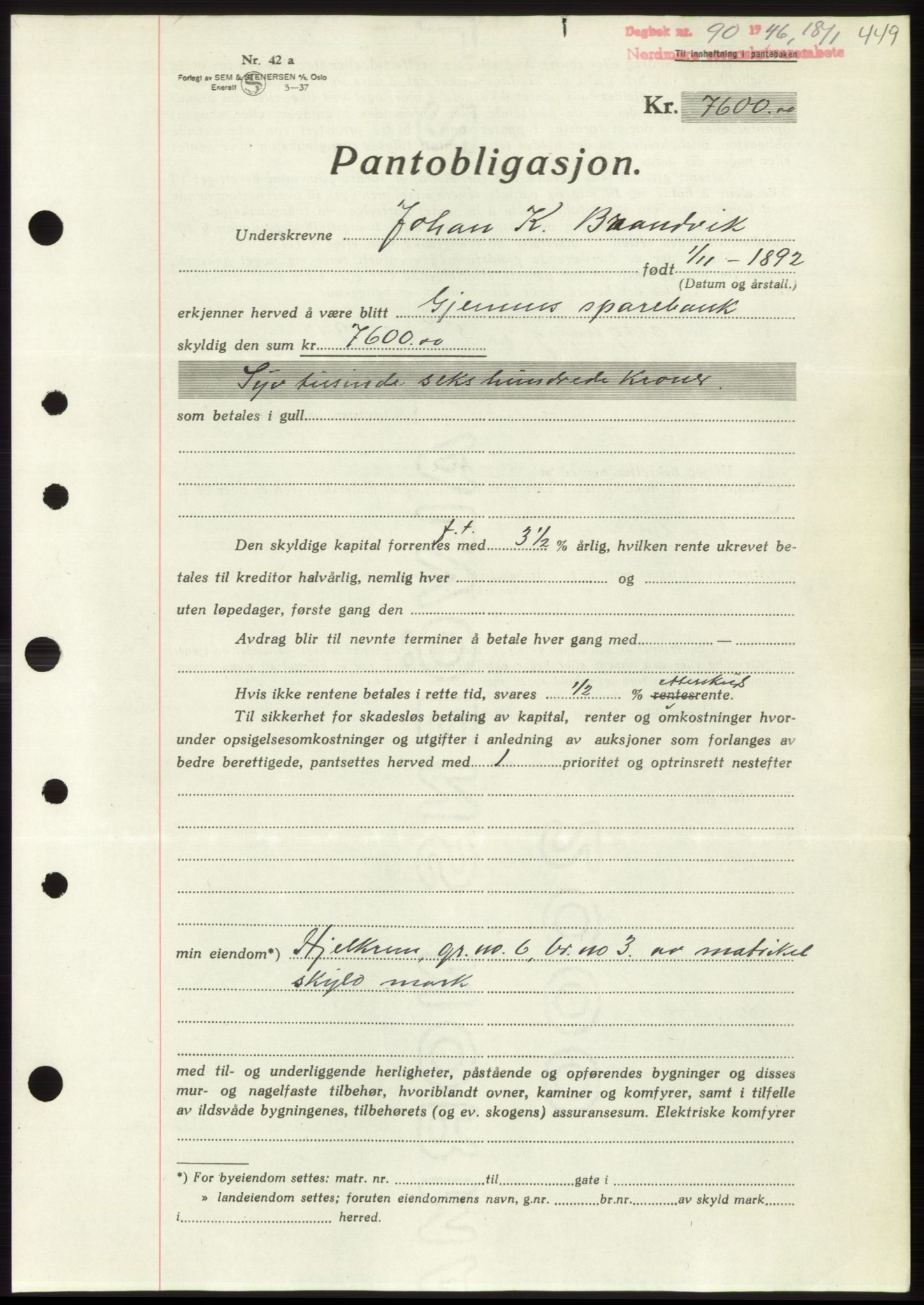 Nordmøre sorenskriveri, AV/SAT-A-4132/1/2/2Ca: Mortgage book no. B93b, 1946-1946, Diary no: : 90/1946