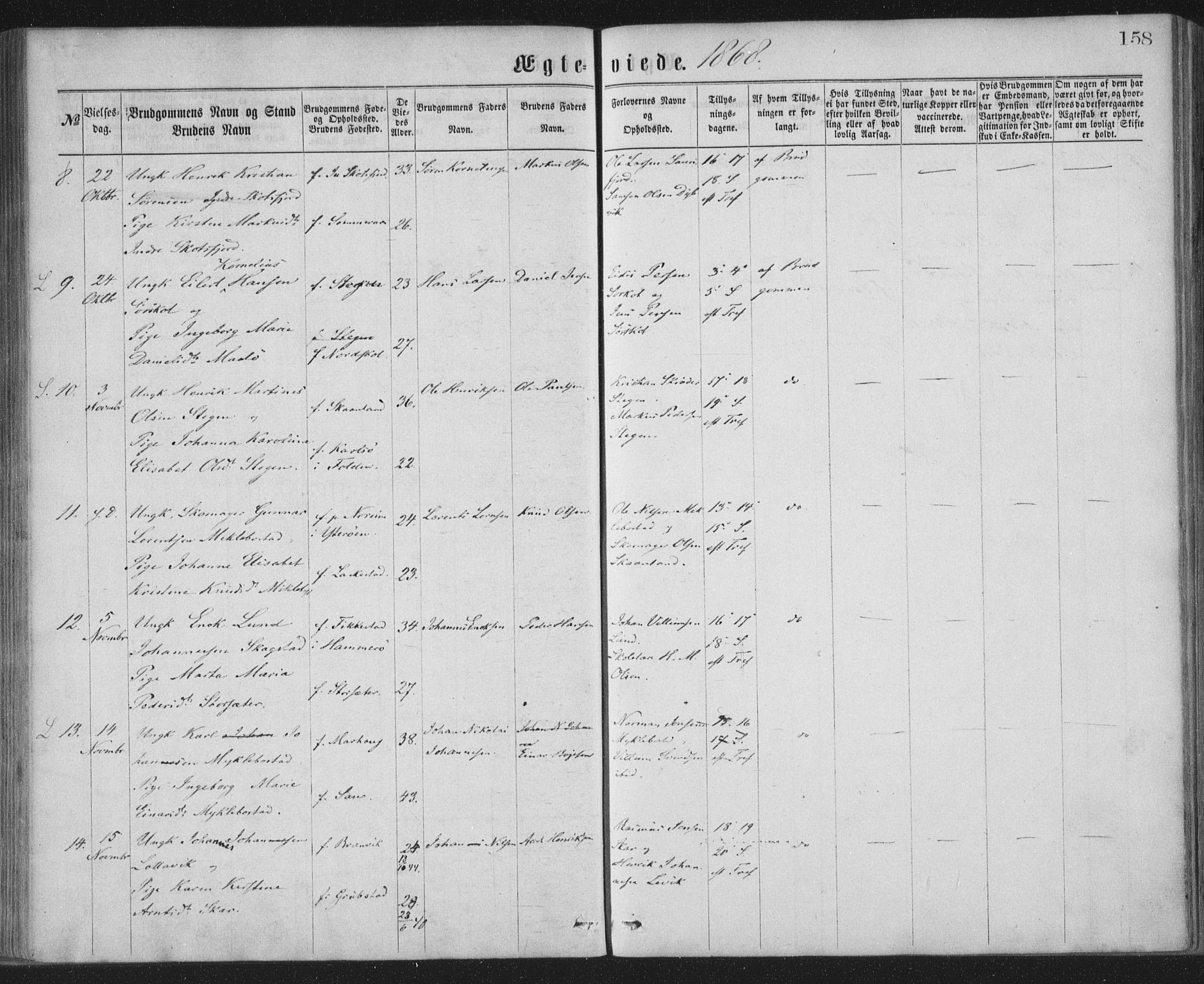 Ministerialprotokoller, klokkerbøker og fødselsregistre - Nordland, AV/SAT-A-1459/855/L0801: Parish register (official) no. 855A09, 1864-1874, p. 158