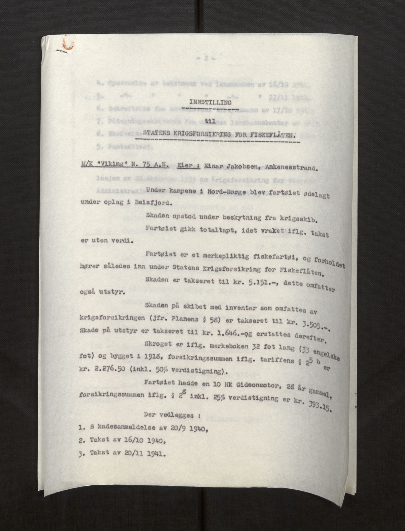 Fiskeridirektoratet - 1 Adm. ledelse - 13 Båtkontoret, AV/SAB-A-2003/La/L0008: Statens krigsforsikring for fiskeflåten, 1936-1971, p. 75