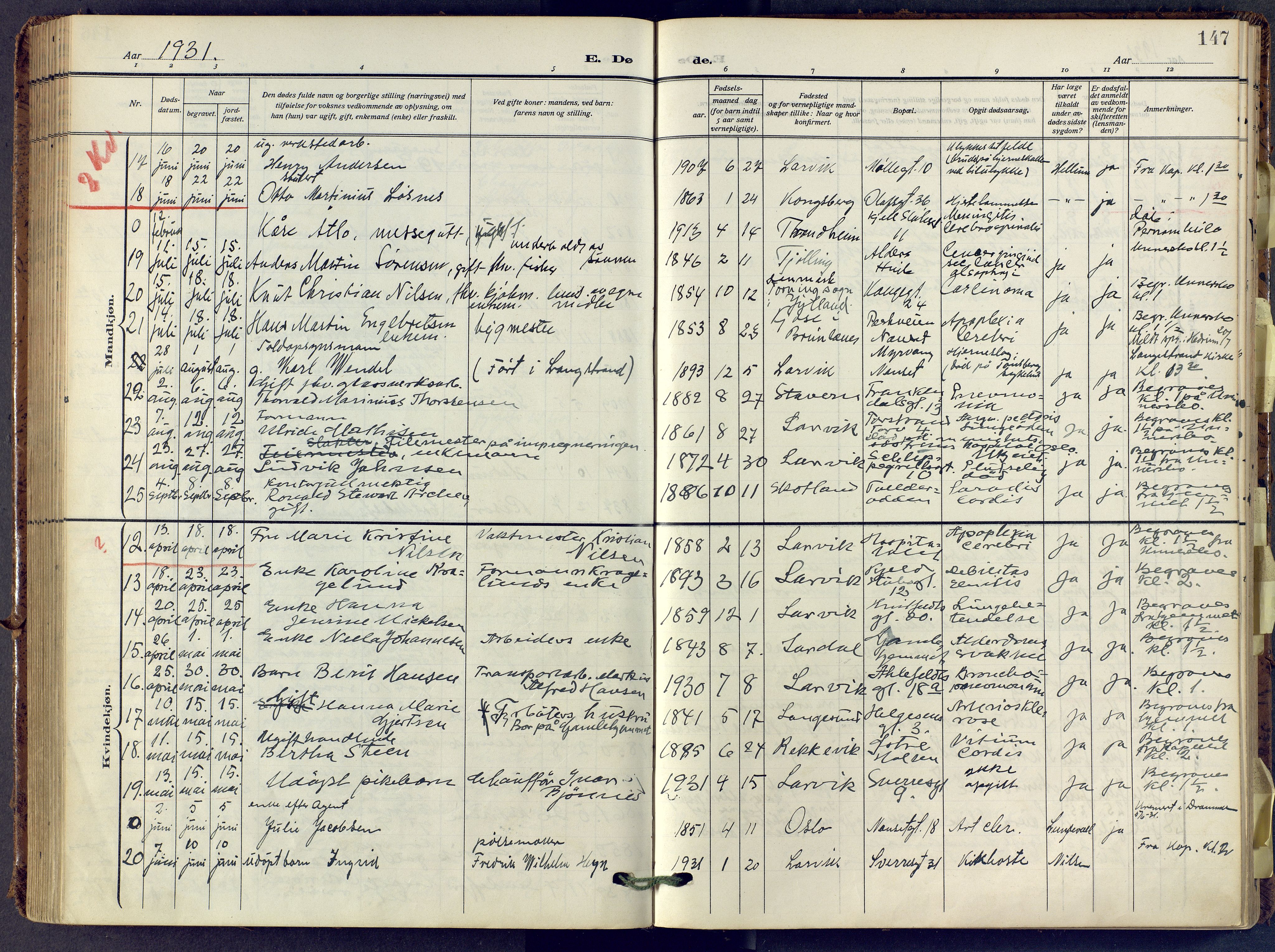 Larvik kirkebøker, AV/SAKO-A-352/F/Fa/L0013: Parish register (official) no. I 13, 1910-1960, p. 147