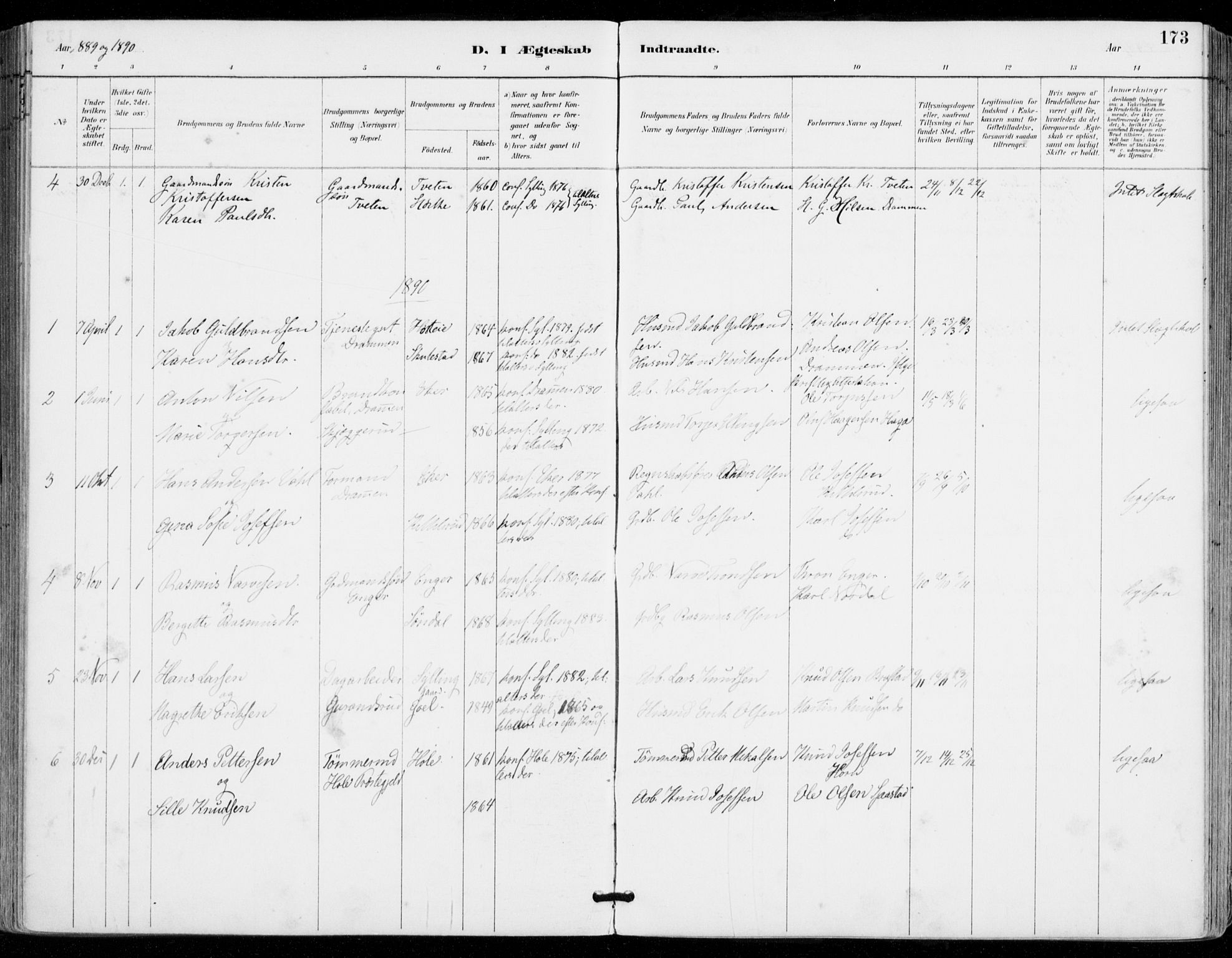 Sylling kirkebøker, SAKO/A-247/F/Fa/L0001: Parish register (official) no. 1, 1883-1910, p. 173