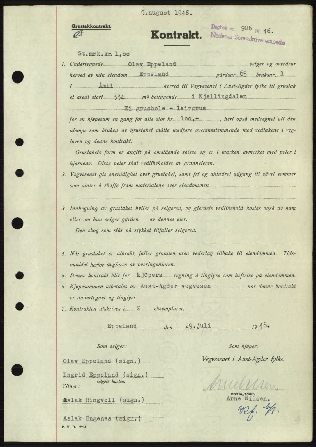 Nedenes sorenskriveri, SAK/1221-0006/G/Gb/Gba/L0055: Mortgage book no. A7, 1946-1946, Diary no: : 906/1946