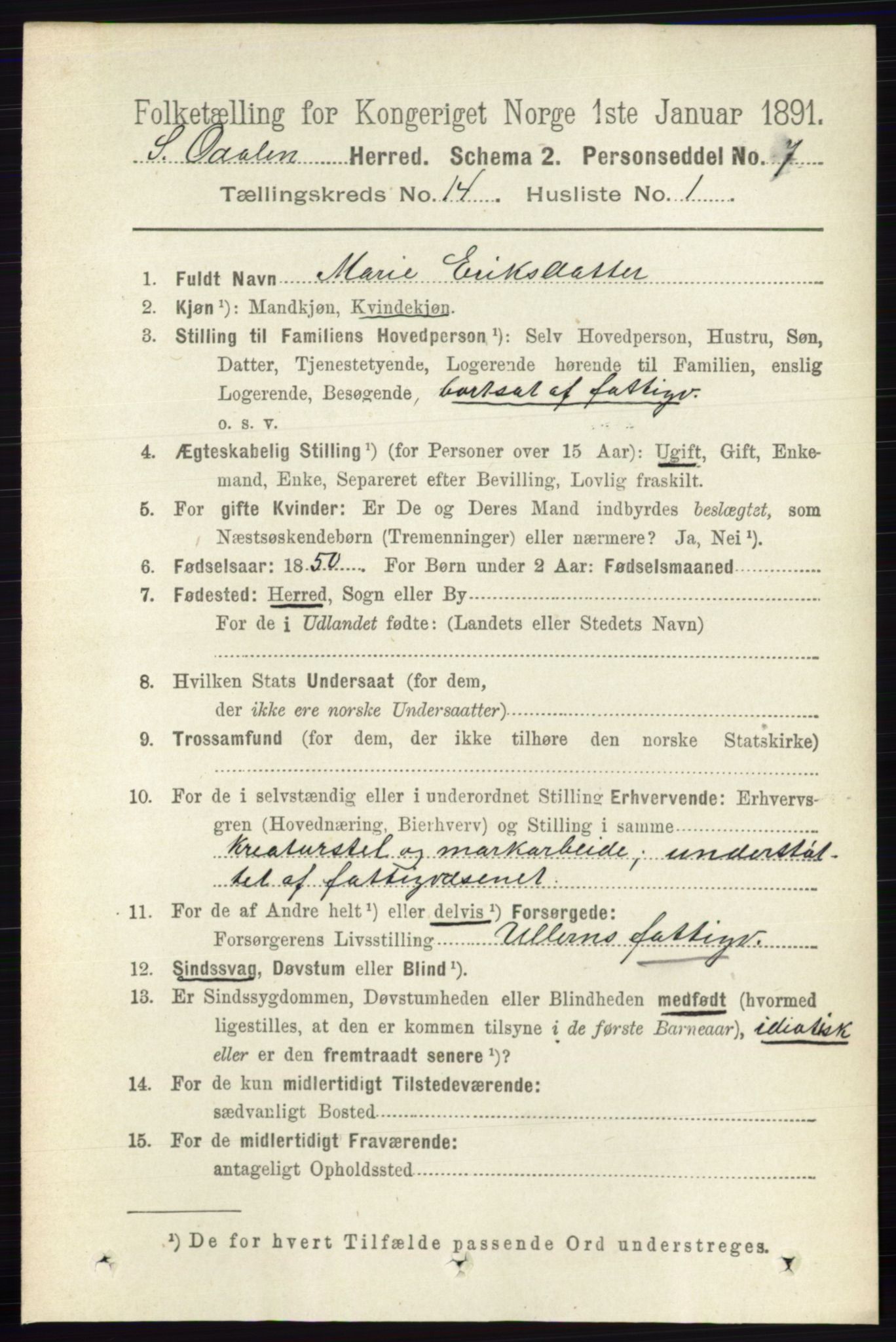 RA, 1891 census for 0419 Sør-Odal, 1891, p. 5991