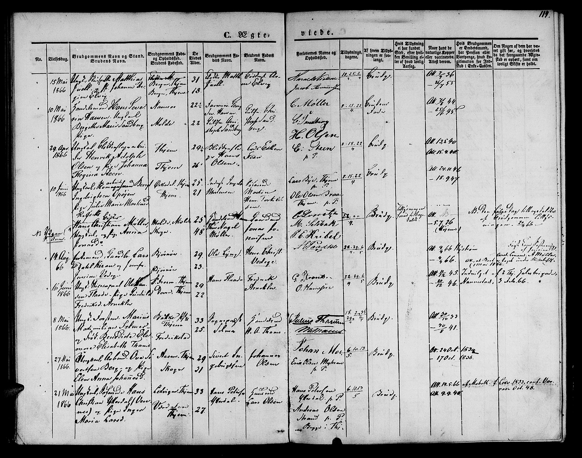 Ministerialprotokoller, klokkerbøker og fødselsregistre - Sør-Trøndelag, SAT/A-1456/602/L0111: Parish register (official) no. 602A09, 1844-1867, p. 114