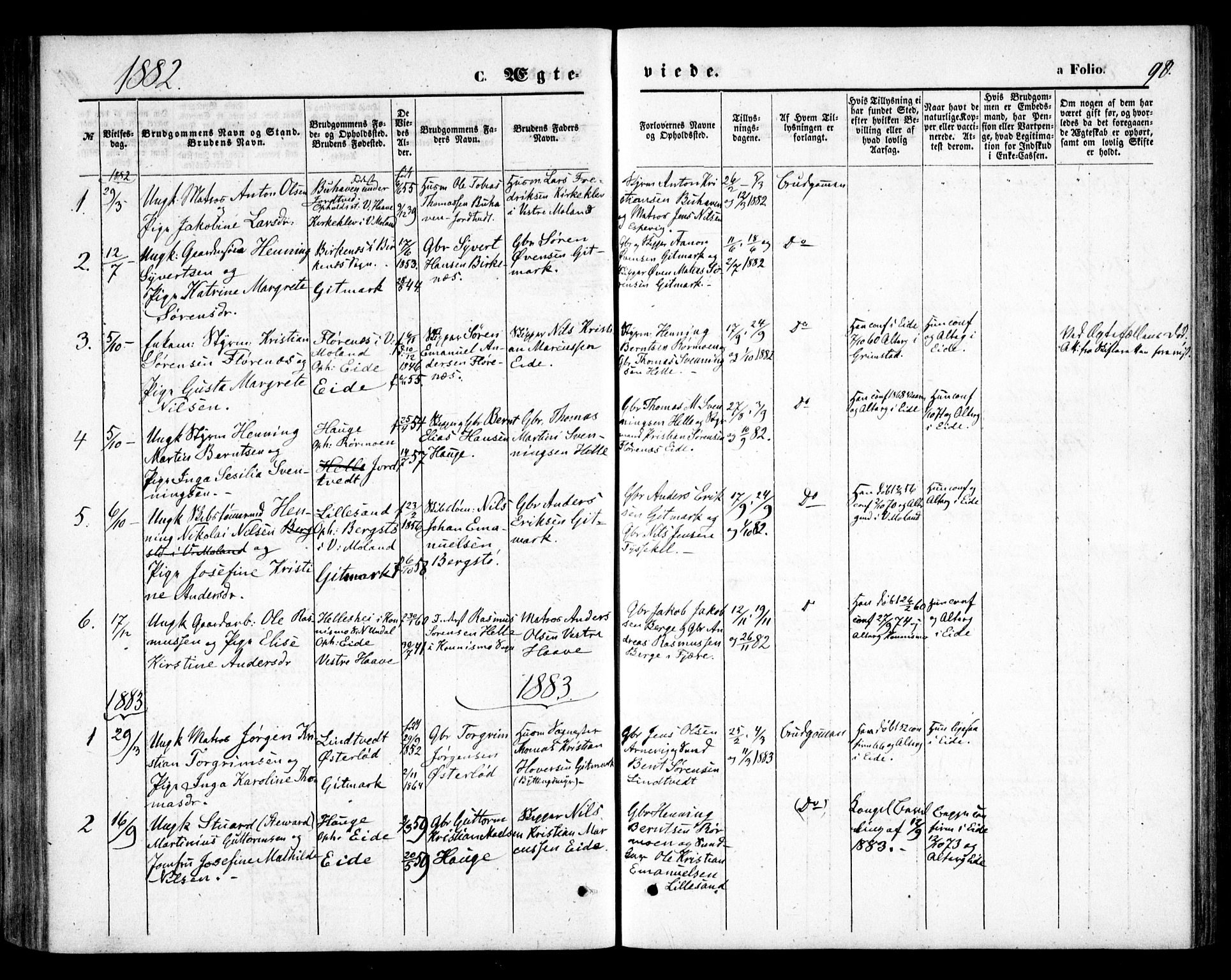 Hommedal sokneprestkontor, SAK/1111-0023/F/Fa/Faa/L0002: Parish register (official) no. A 2, 1861-1884, p. 98