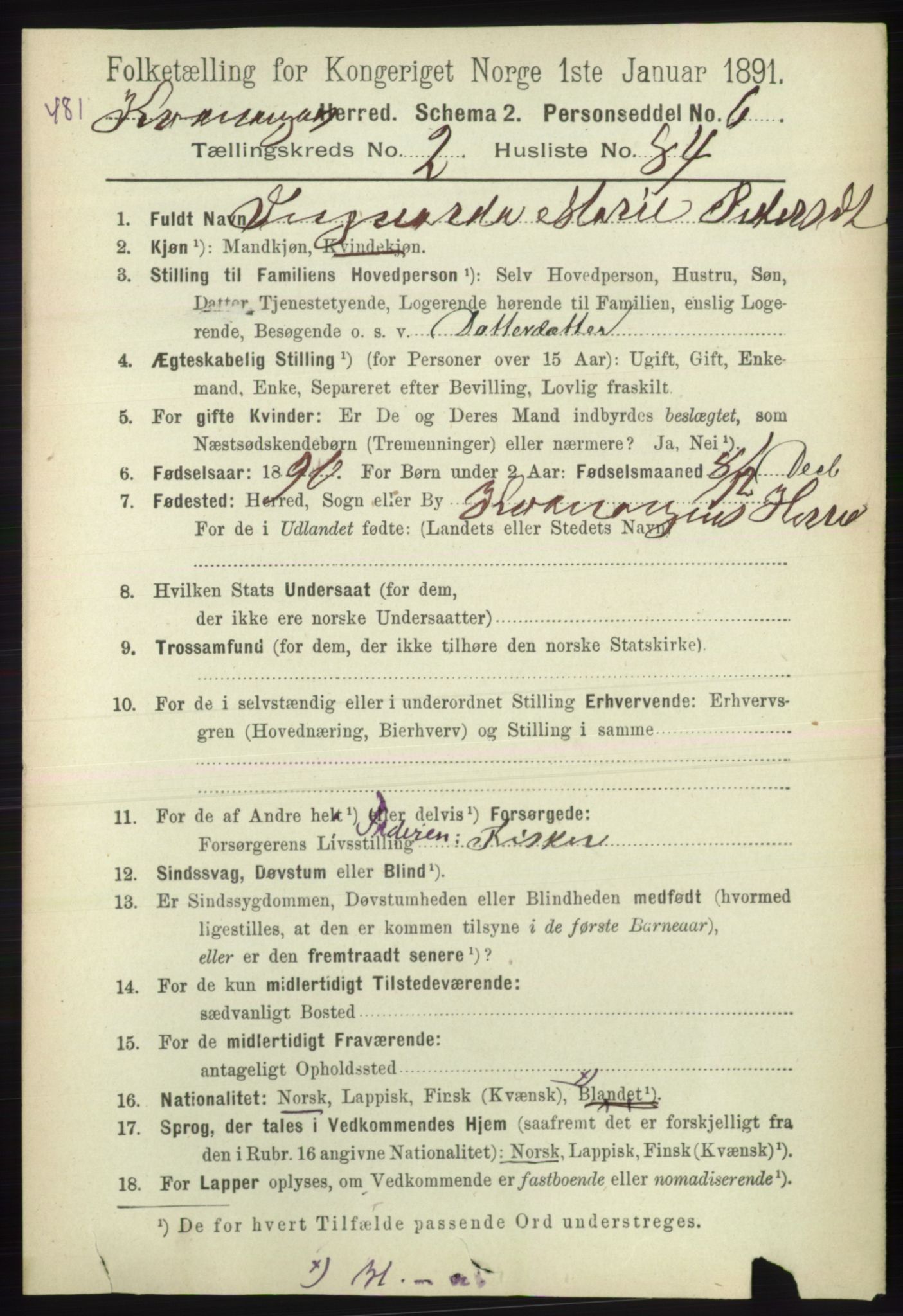 RA, 1891 census for 1943 Kvænangen, 1891, p. 998