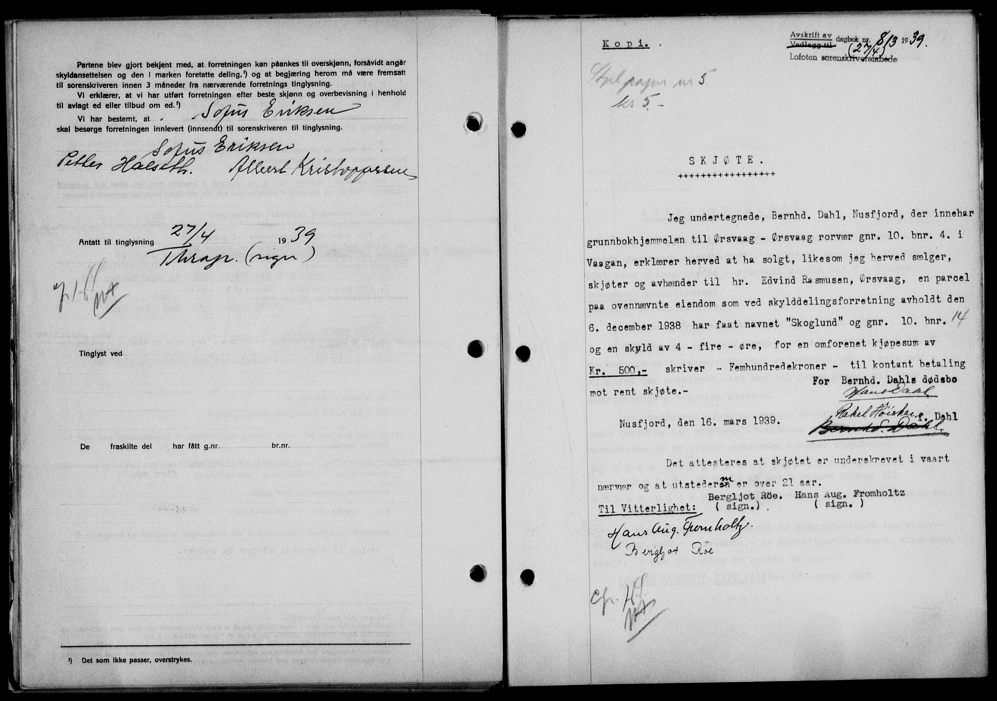 Lofoten sorenskriveri, SAT/A-0017/1/2/2C/L0005a: Mortgage book no. 5a, 1939-1939, Diary no: : 813/1939