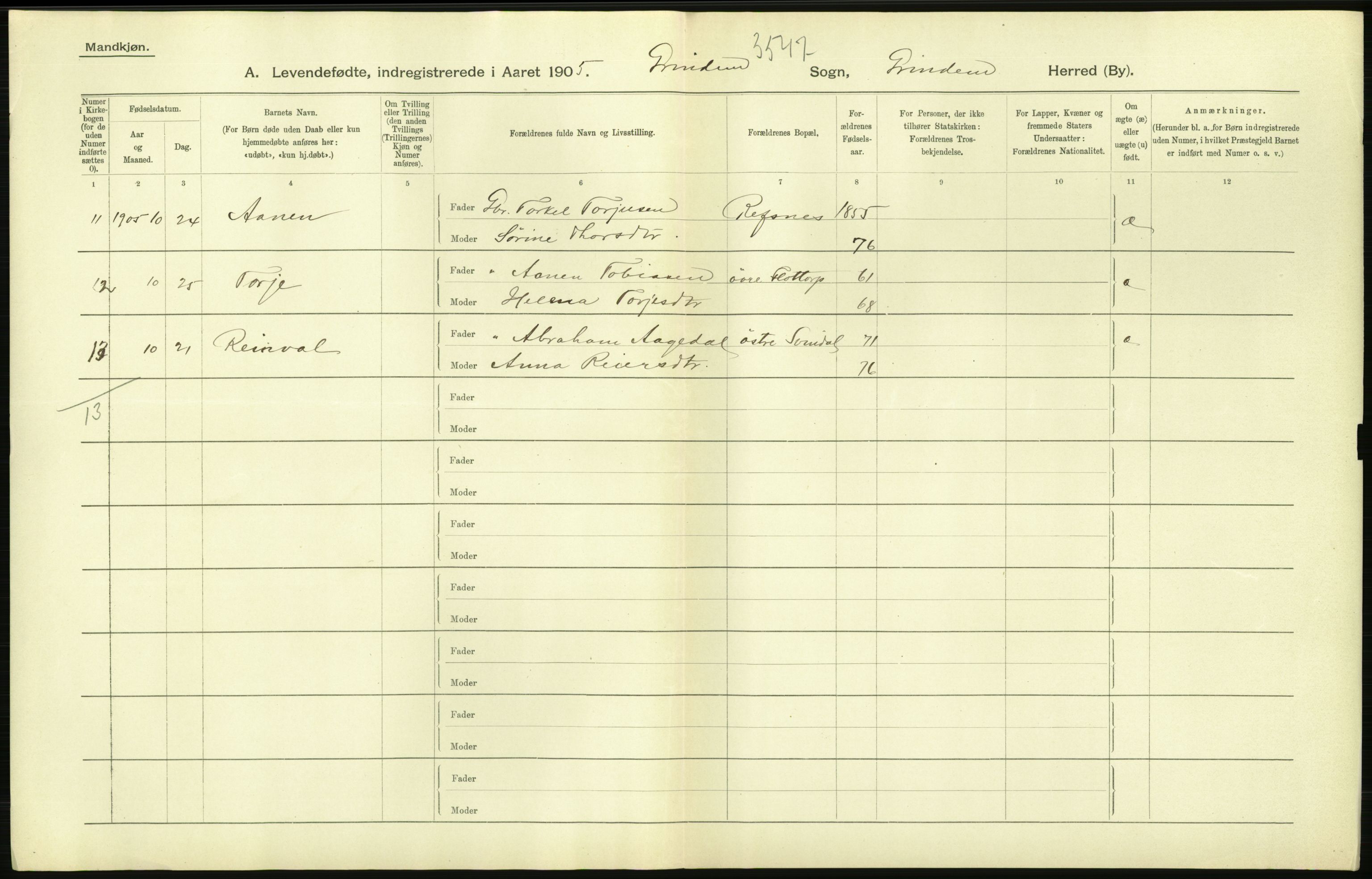 Statistisk sentralbyrå, Sosiodemografiske emner, Befolkning, AV/RA-S-2228/D/Df/Dfa/Dfac/L0020: Lister og Mandals amt: Fødte. Bygder, 1905, p. 106