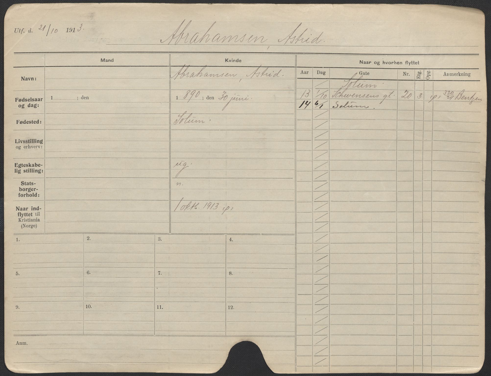 Oslo folkeregister, Registerkort, AV/SAO-A-11715/F/Fa/Fac/L0012: Kvinner, 1906-1914, p. 8a