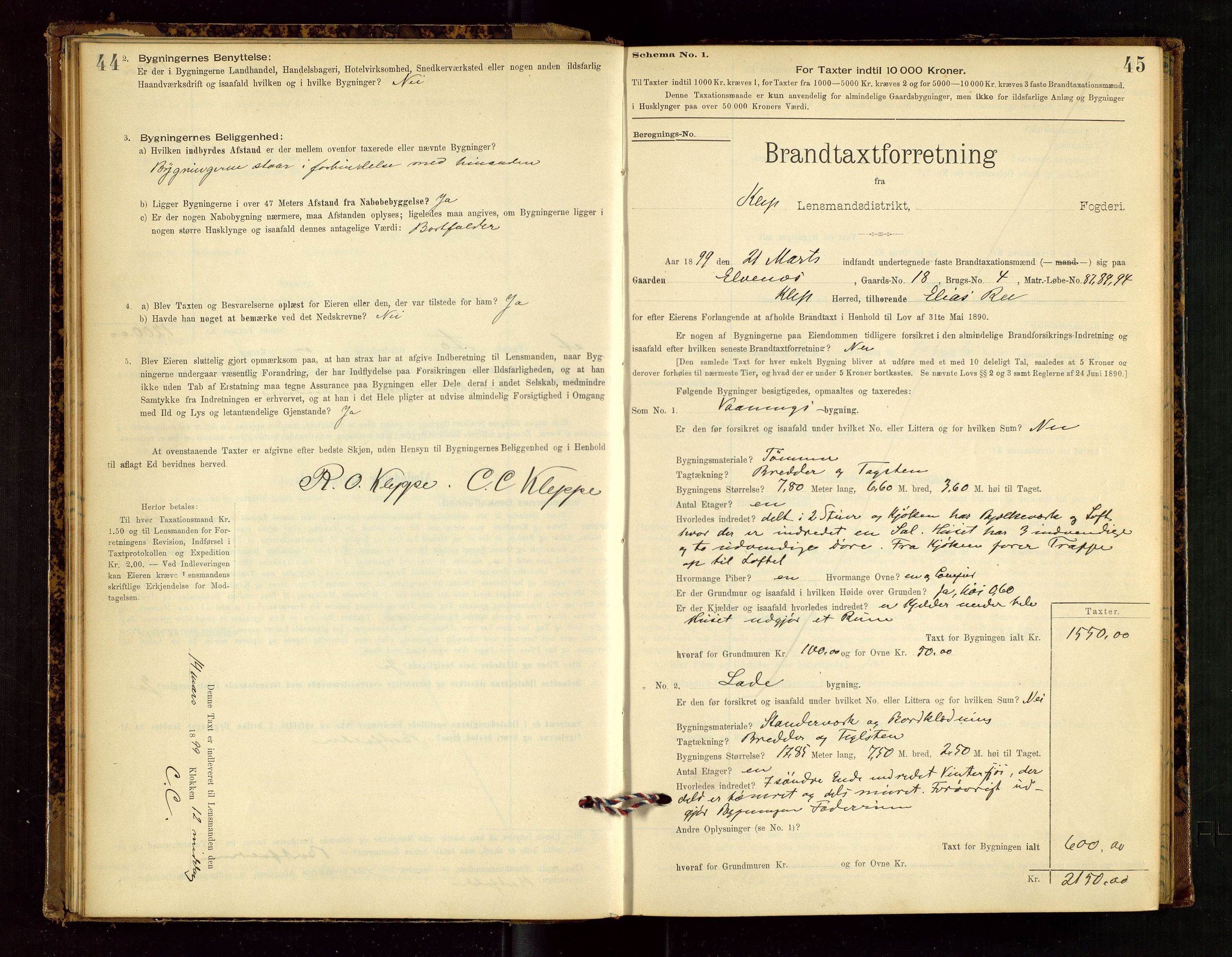 Klepp lensmannskontor, AV/SAST-A-100163/Goc/L0002: "Brandtaxationsprotokol" m/register, 1898-1902, p. 44-45