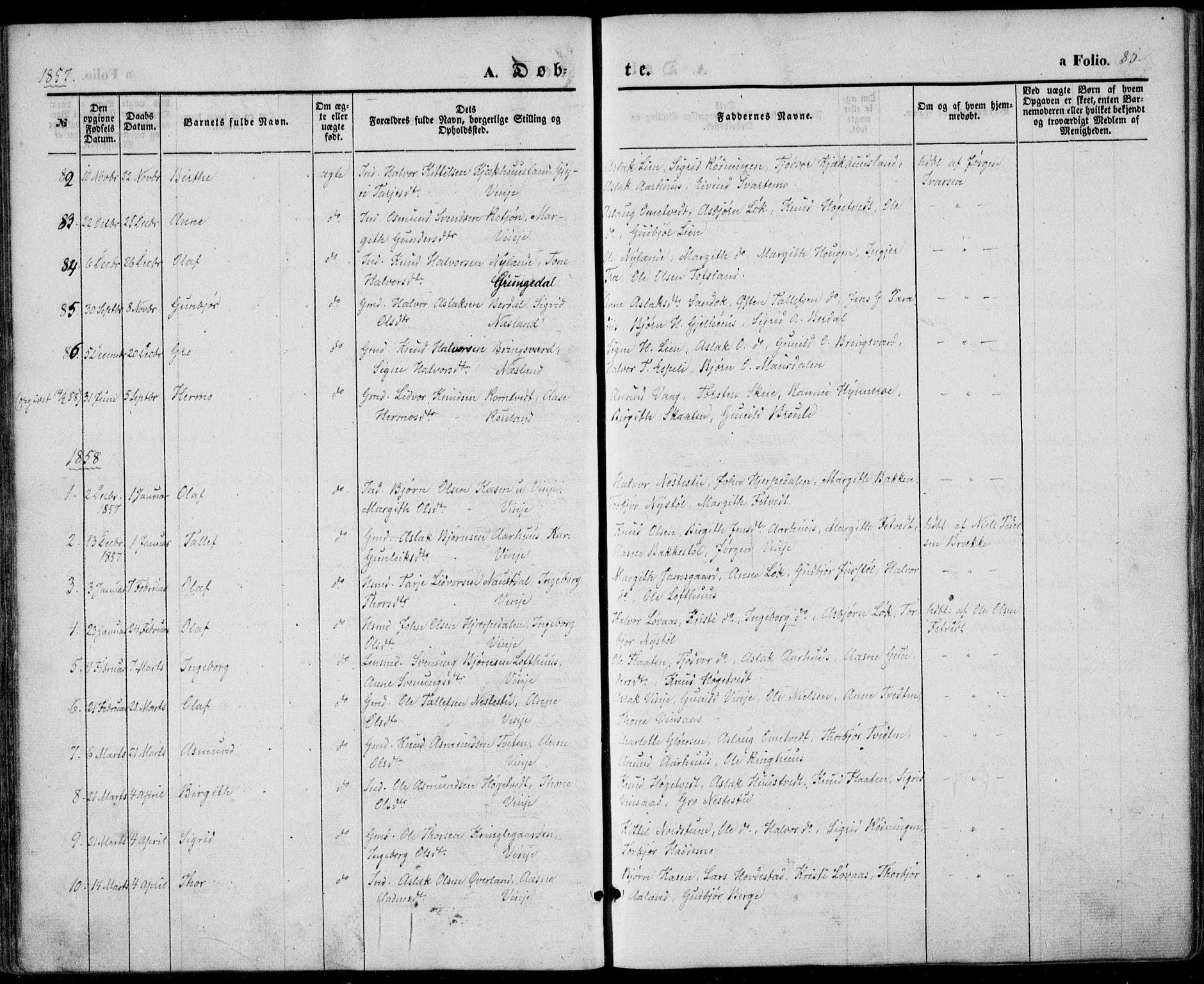 Vinje kirkebøker, SAKO/A-312/F/Fa/L0004: Parish register (official) no. I 4, 1843-1869, p. 85
