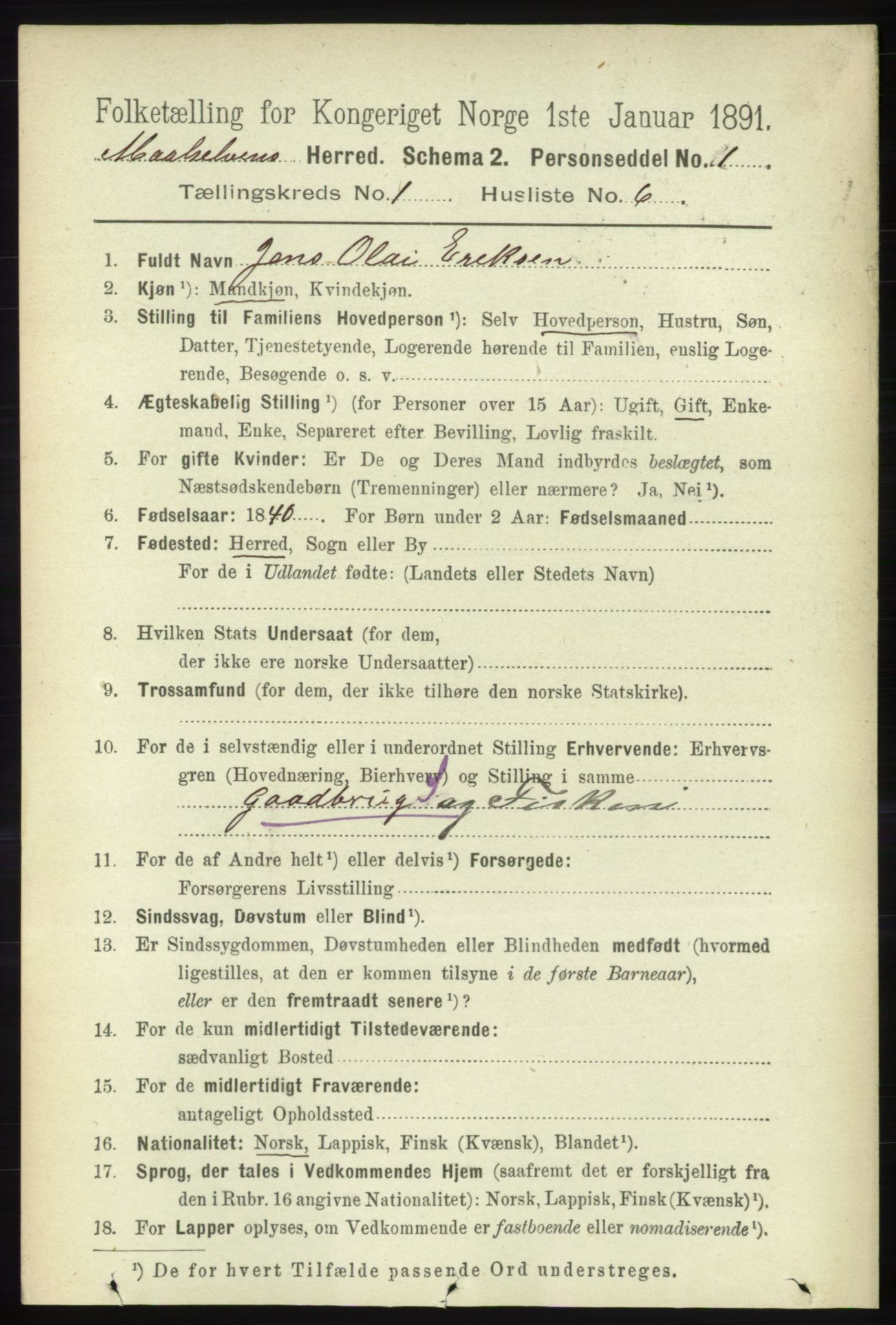 RA, 1891 census for 1924 Målselv, 1891, p. 98