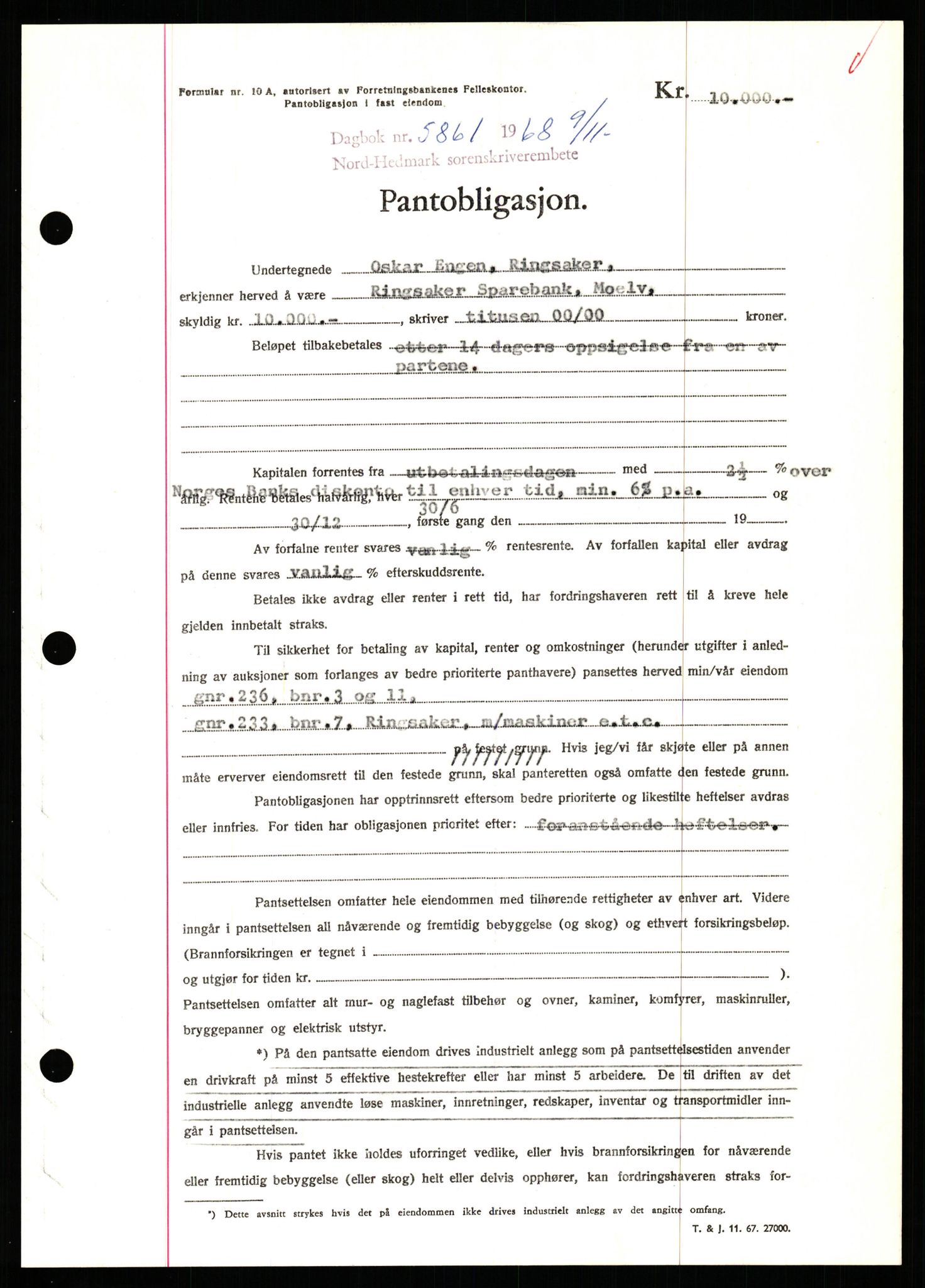 Nord-Hedmark sorenskriveri, SAH/TING-012/H/Hb/Hbf/L0077: Mortgage book no. B77, 1968-1969, Diary no: : 5861/1968