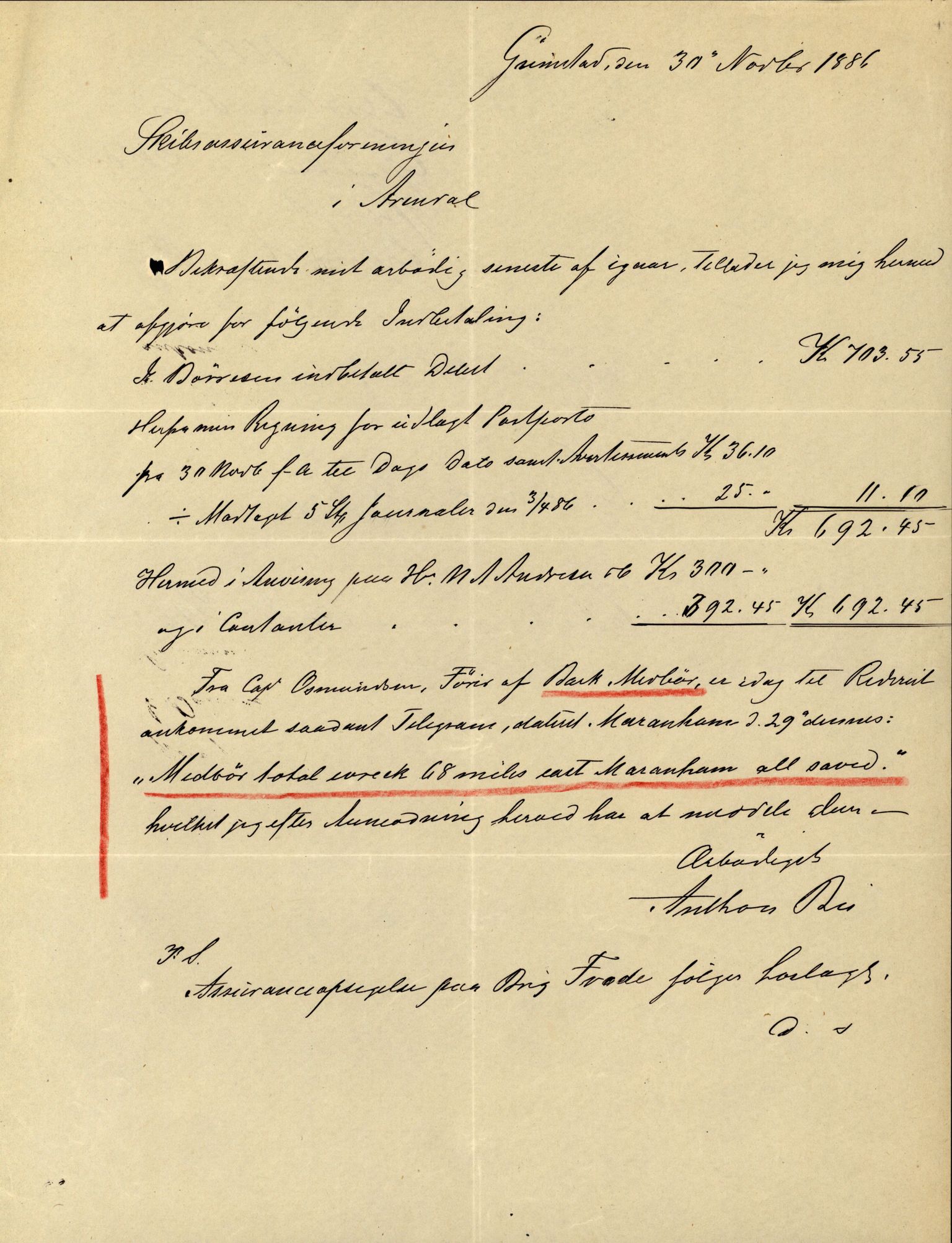 Pa 63 - Østlandske skibsassuranceforening, VEMU/A-1079/G/Ga/L0019/0004: Havaridokumenter / Unita, L'Union, Lympha, Medbør, Kommandør, Svend Foyn, 1886, p. 35