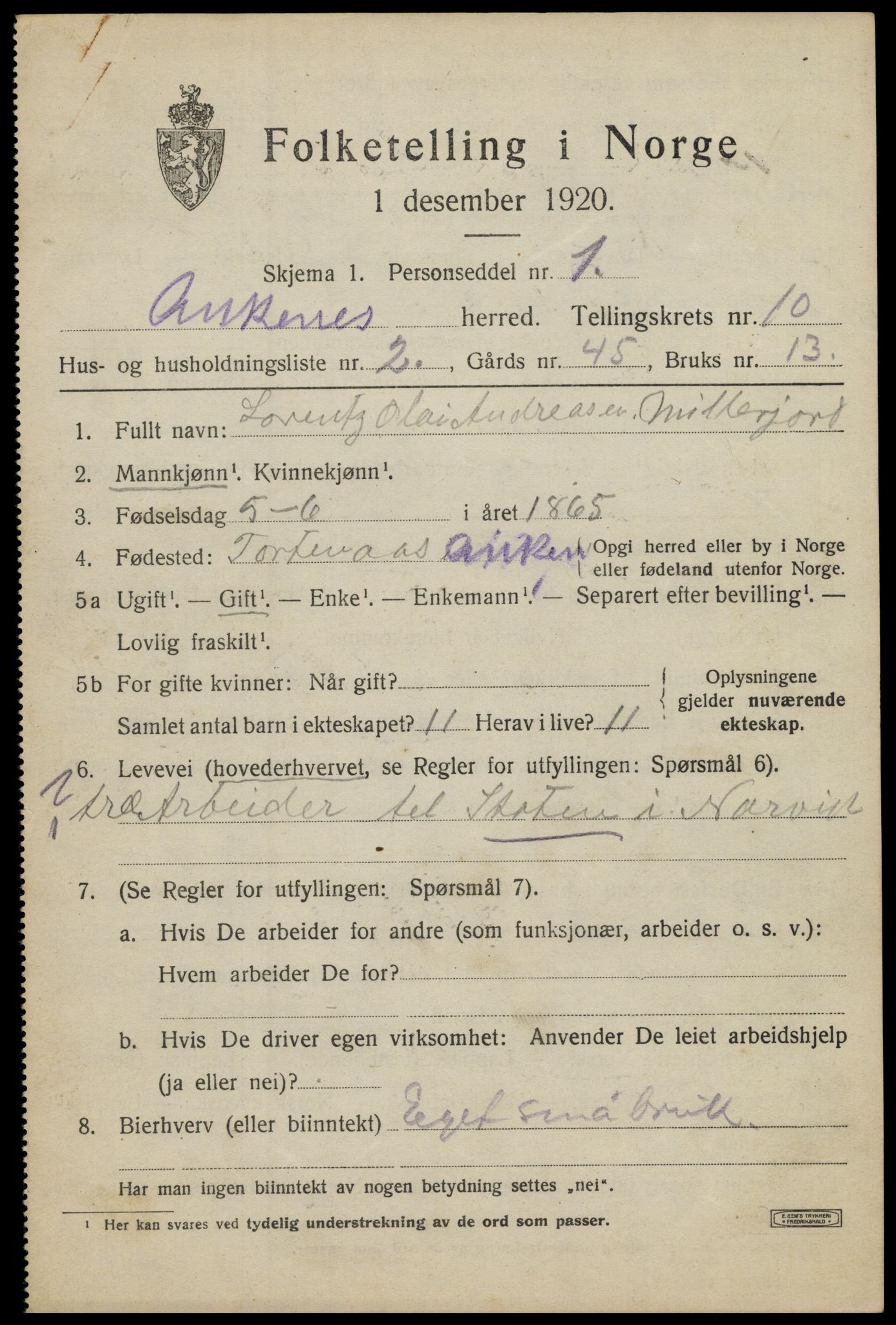 SAT, 1920 census for Ankenes, 1920, p. 4937