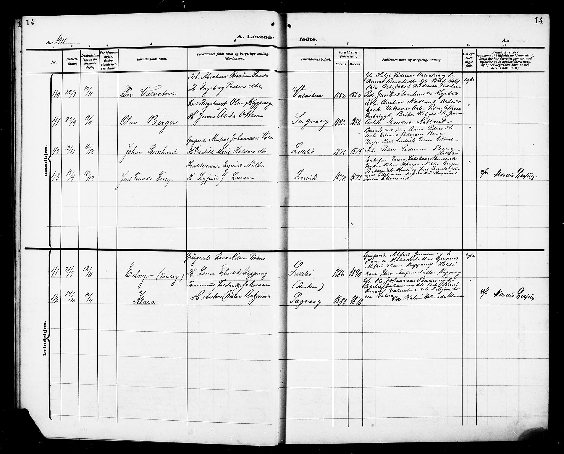 Stord sokneprestembete, AV/SAB-A-78201/H/Hab: Parish register (copy) no. A 3, 1910-1919, p. 14