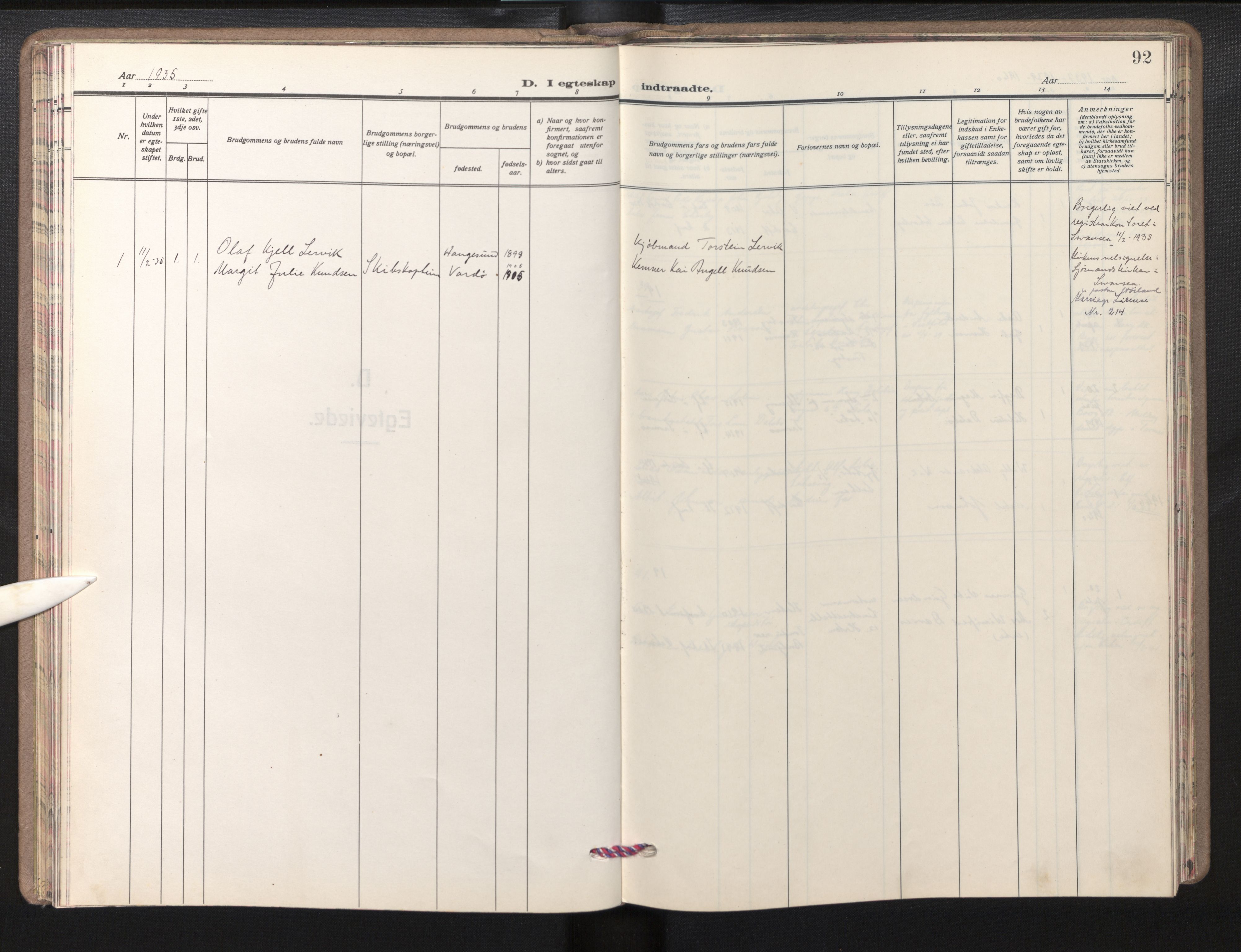 Den norske sjømannsmisjon i utlandet/Bristolhavnene(Cardiff-Swansea), SAB/SAB/PA-0102/H/Ha/Haa/L0003: Parish register (official) no. A 3, 1932-1966, p. 91b-92a